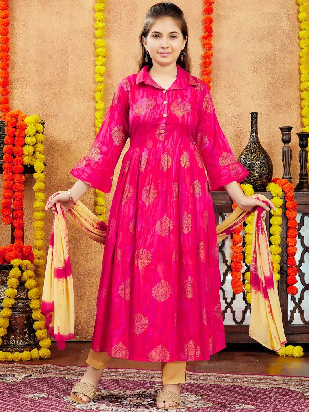 

BAESD Girls Floral Printed Shirt Collar A-Line Kurta, Pink