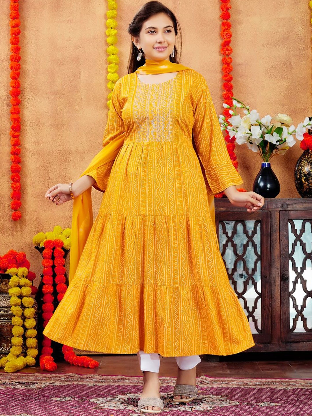 

BAESD Girls Bandhani Printed Embellished Round Neck Pure Cotton Anarkali Kurta, Yellow
