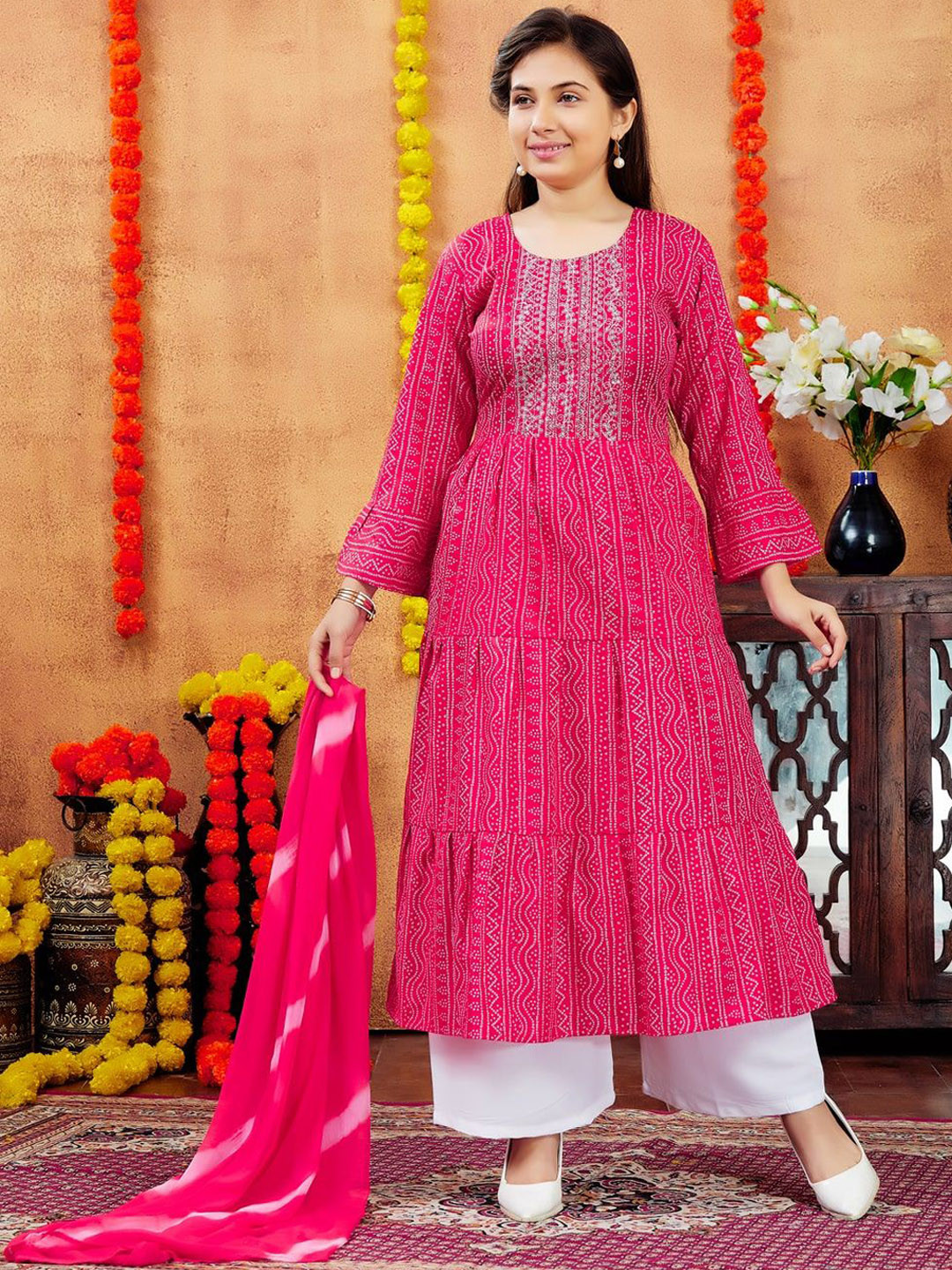 

BAESD Girls Bandhani Printed Round Neck Sequinned Pure Cotton Anarkali Kurtas, Red