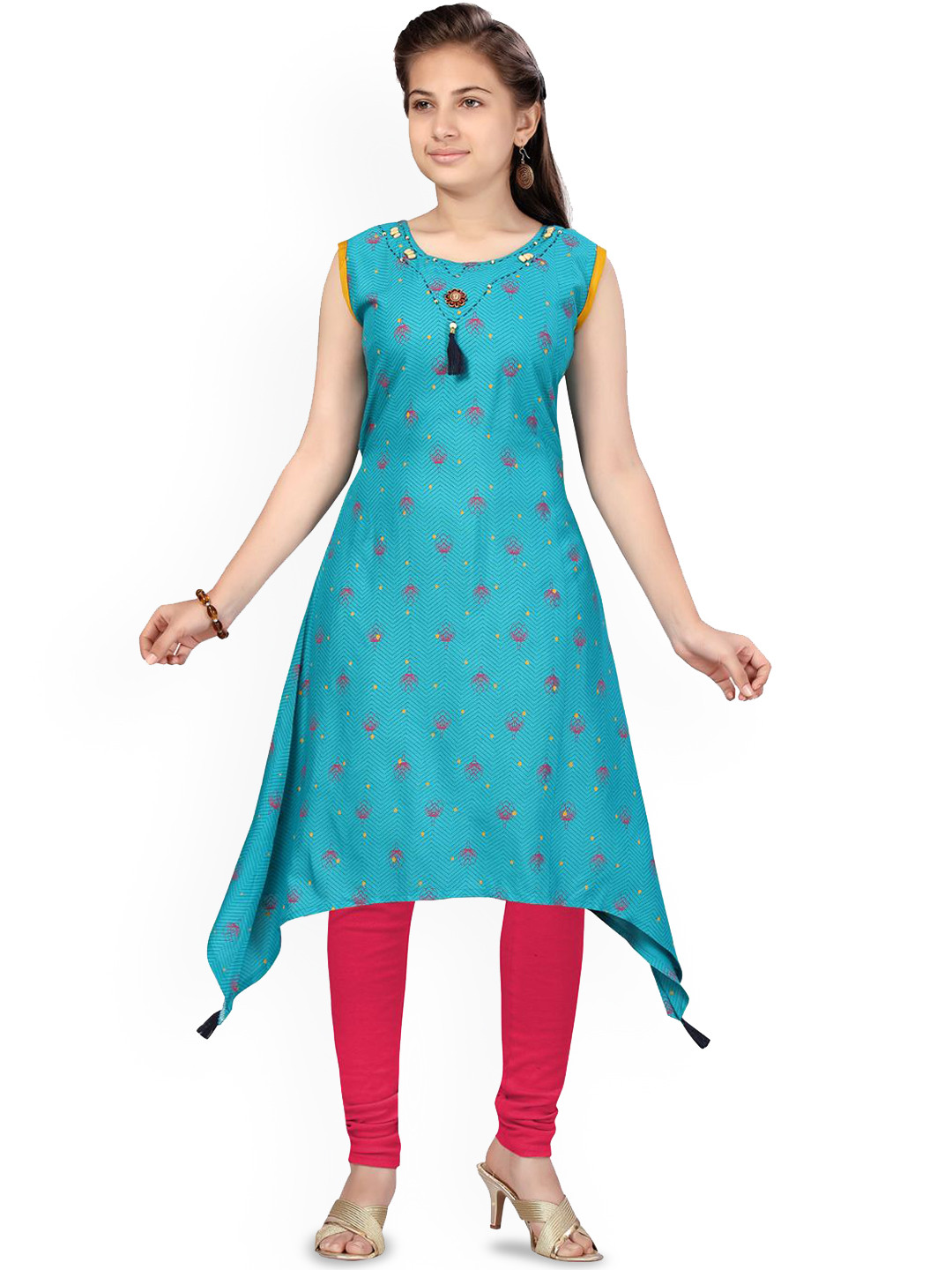 

BAESD Girls Geometric Printed Cotton Sleeveless A-line Kurta, Turquoise blue