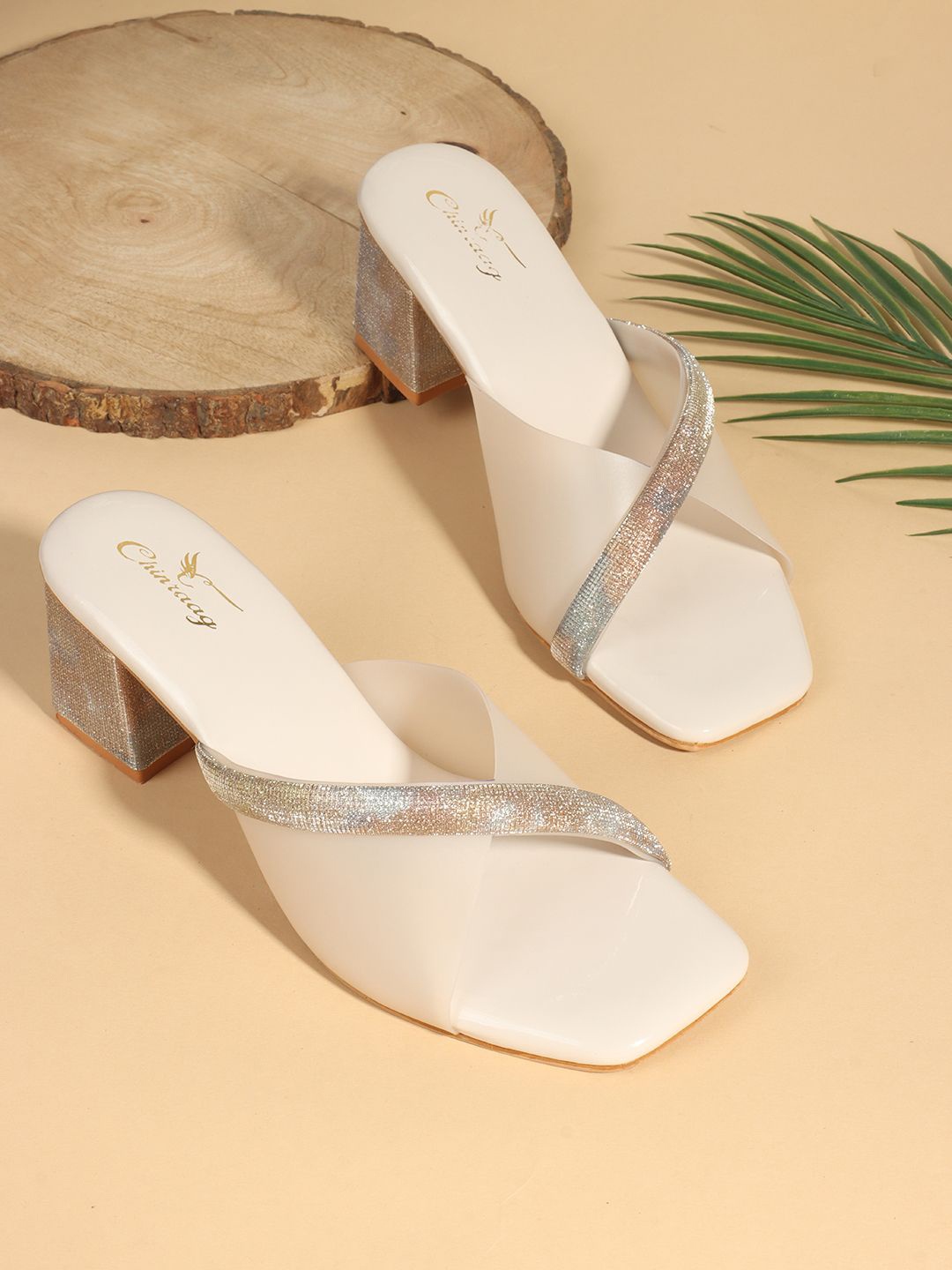

CHINRAAG Women Embellished Block Heel Sandals, Beige