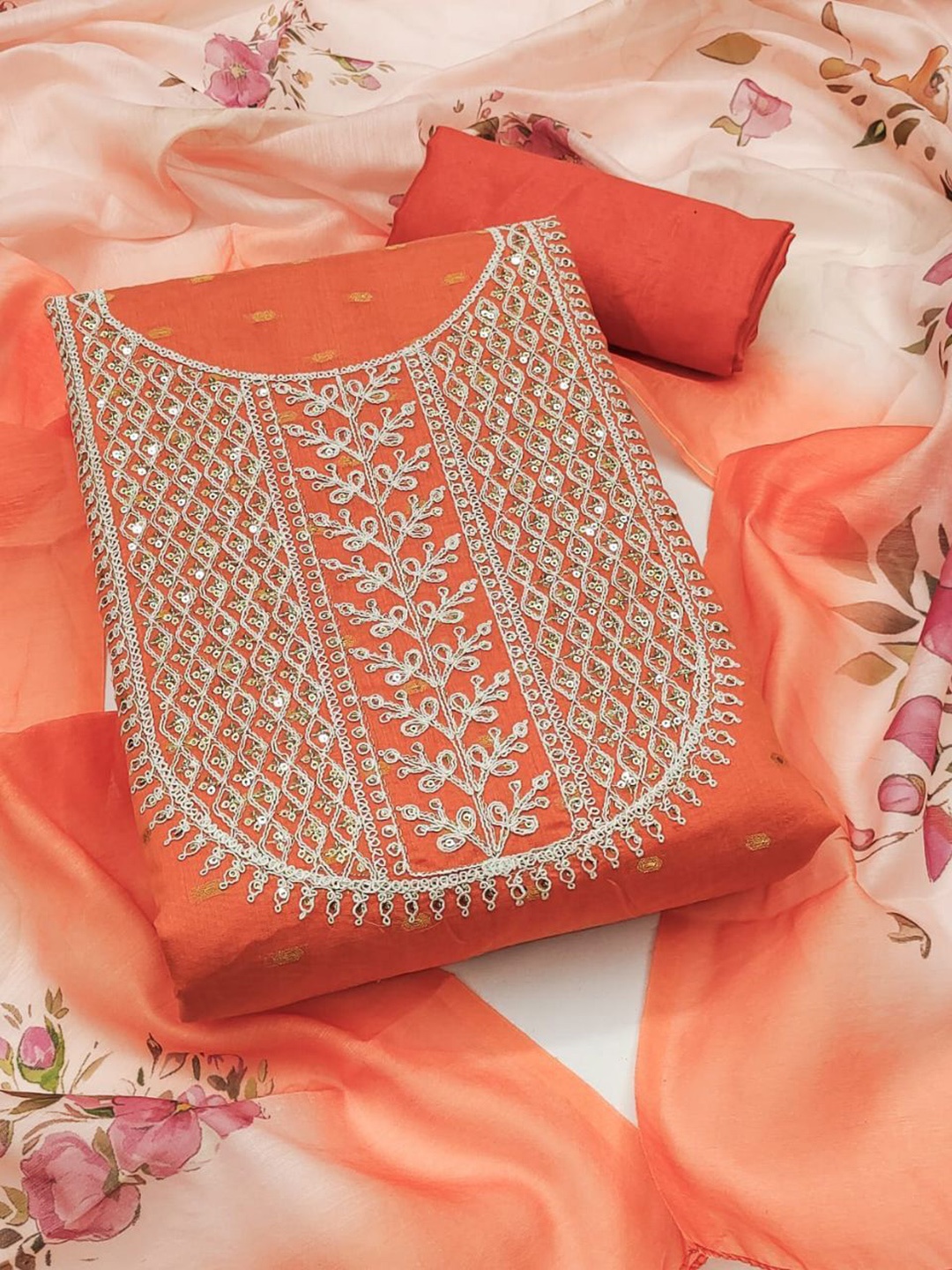 

HMP Fashion Floral Embroidered Sequinned Jacquard Chanderi Silk Unstitched Dress Material, Orange