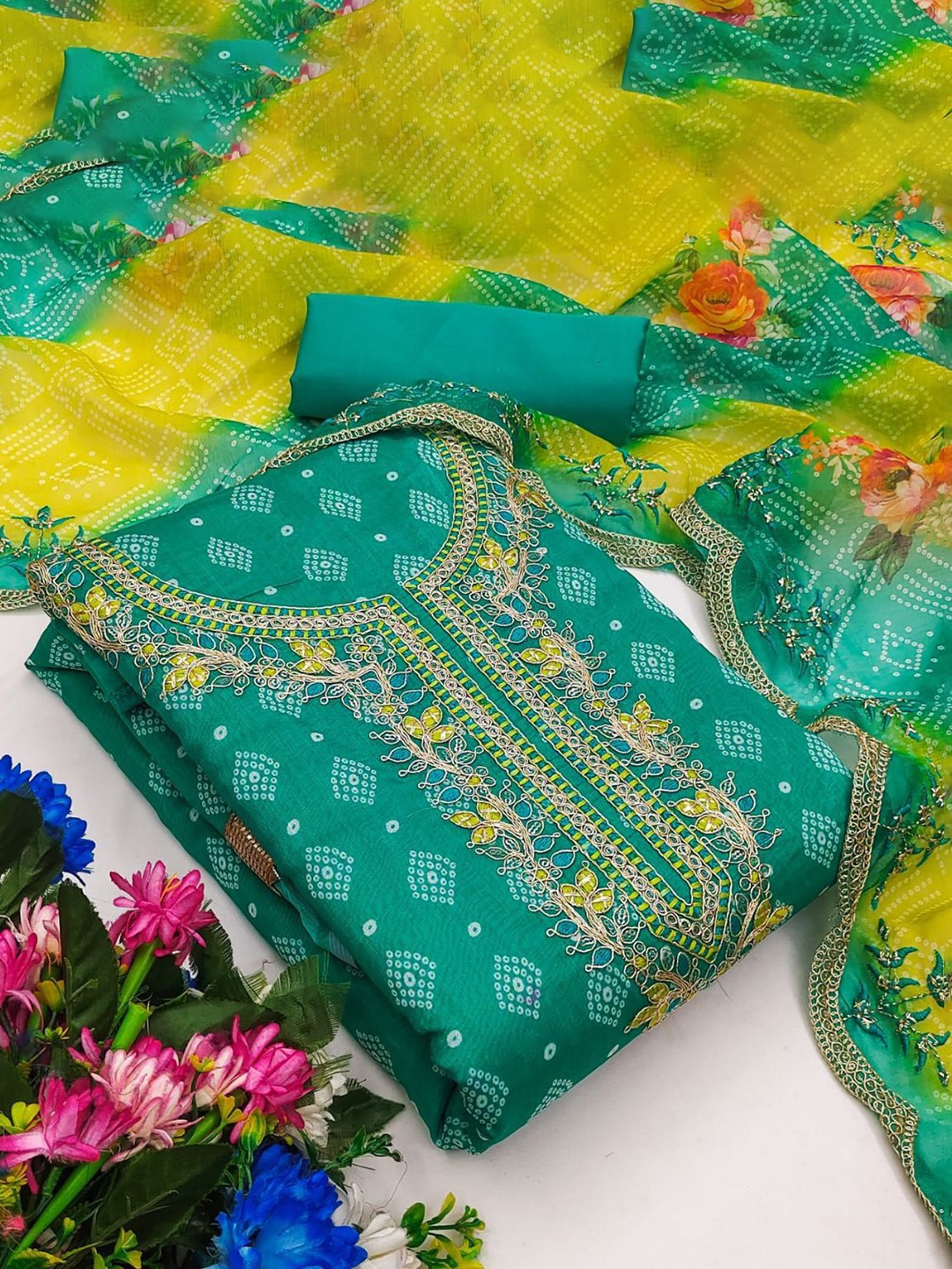 

HMP Fashion Bandhani Printed Sequinned Jacquard Chanderi Unstitched Dress Material, Teal