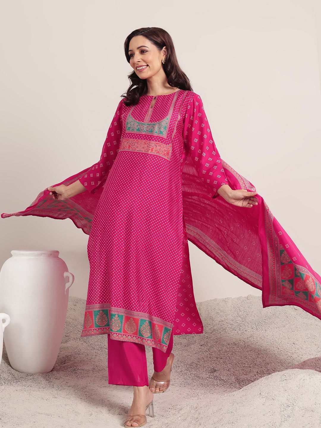

Libas Pink Bandhani Printed Keyhole Neck Straight Kurta With Trouser & Dupatta
