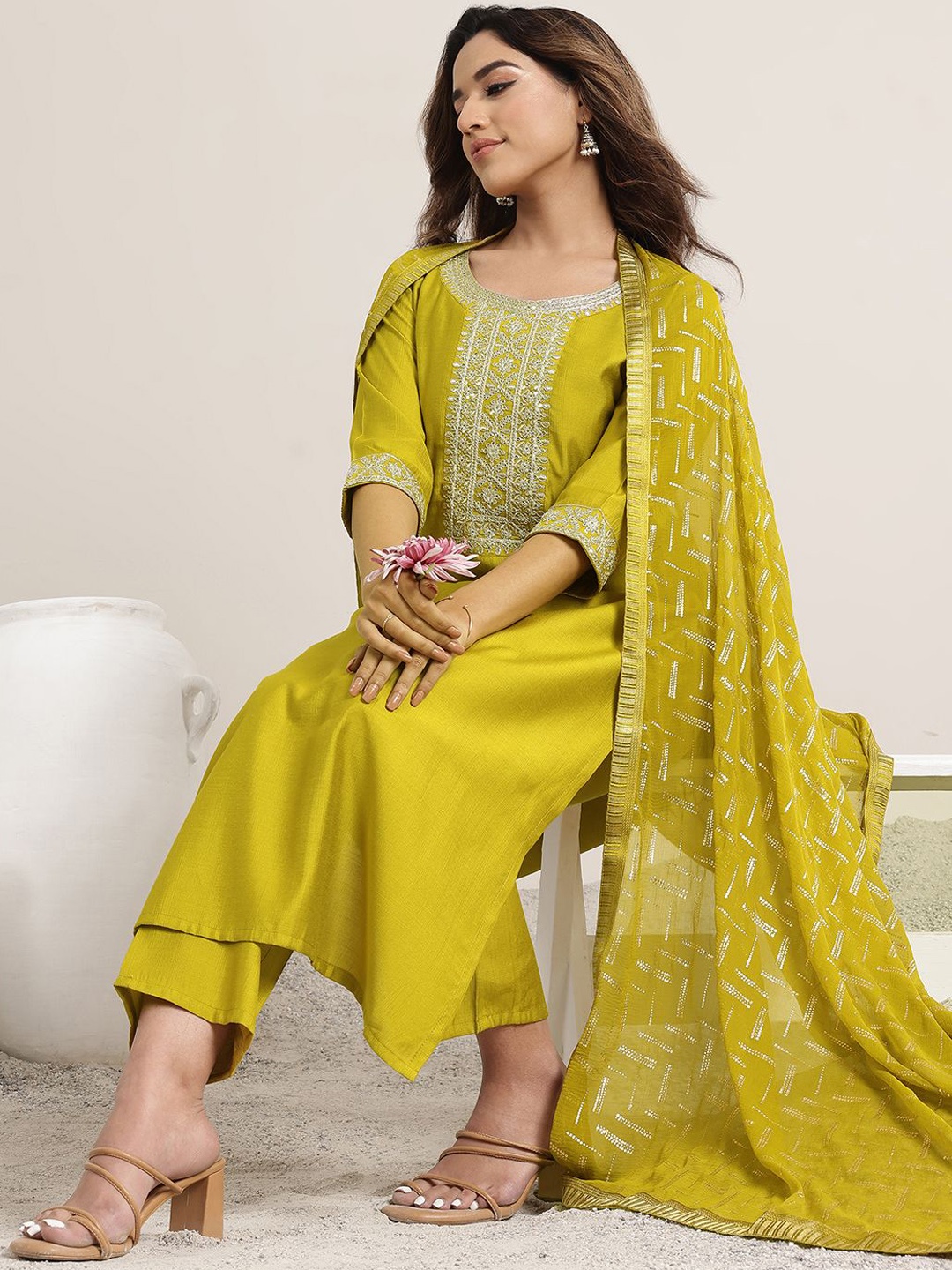 

Libas Green Floral Yoke Design Round Neck Sequinned Straight Kurta With Trousers & Dupatta