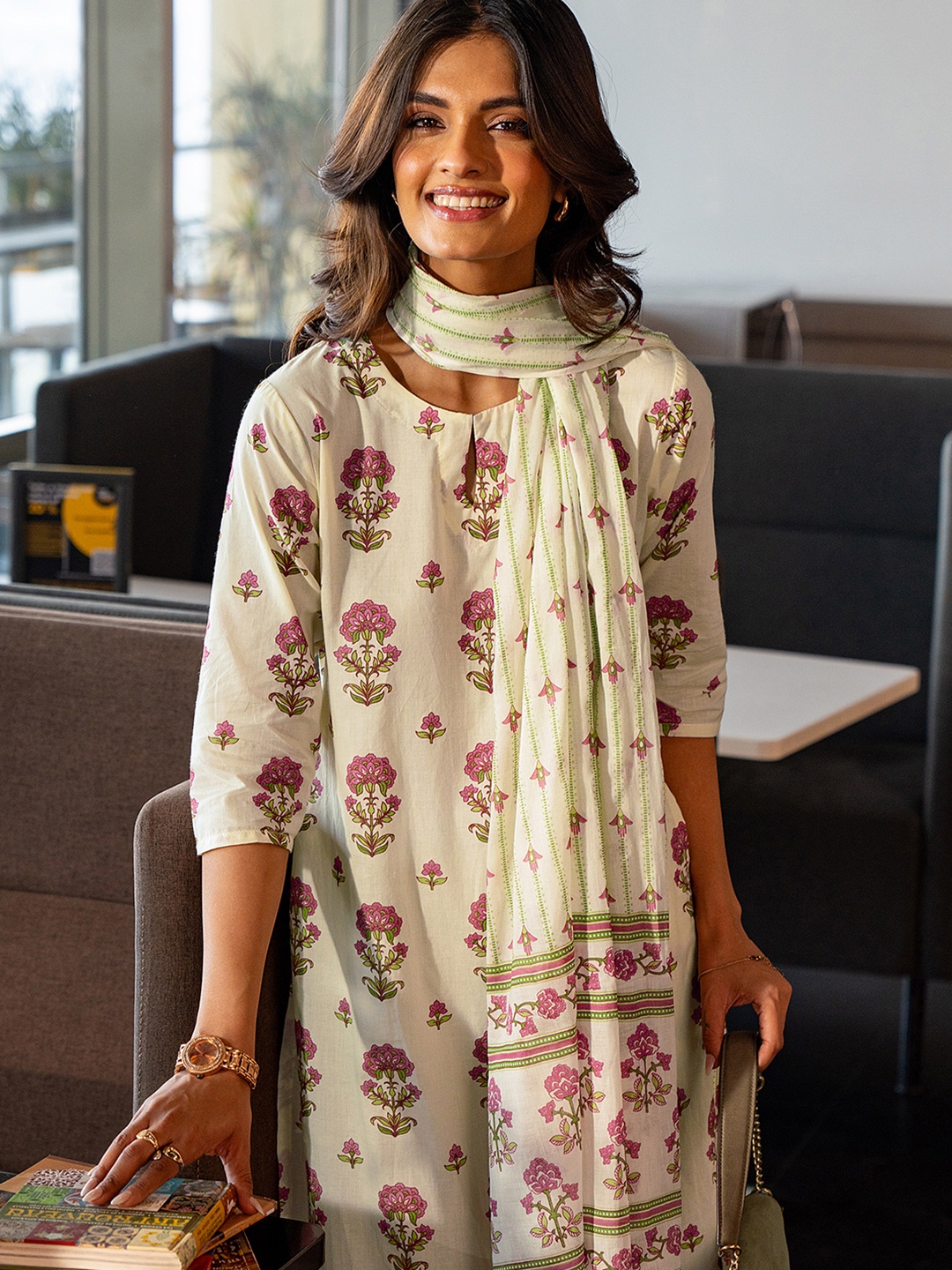 

Libas Off White Floral Printed Keyhole Neck Straight Kurta With Salwar & Dupatta