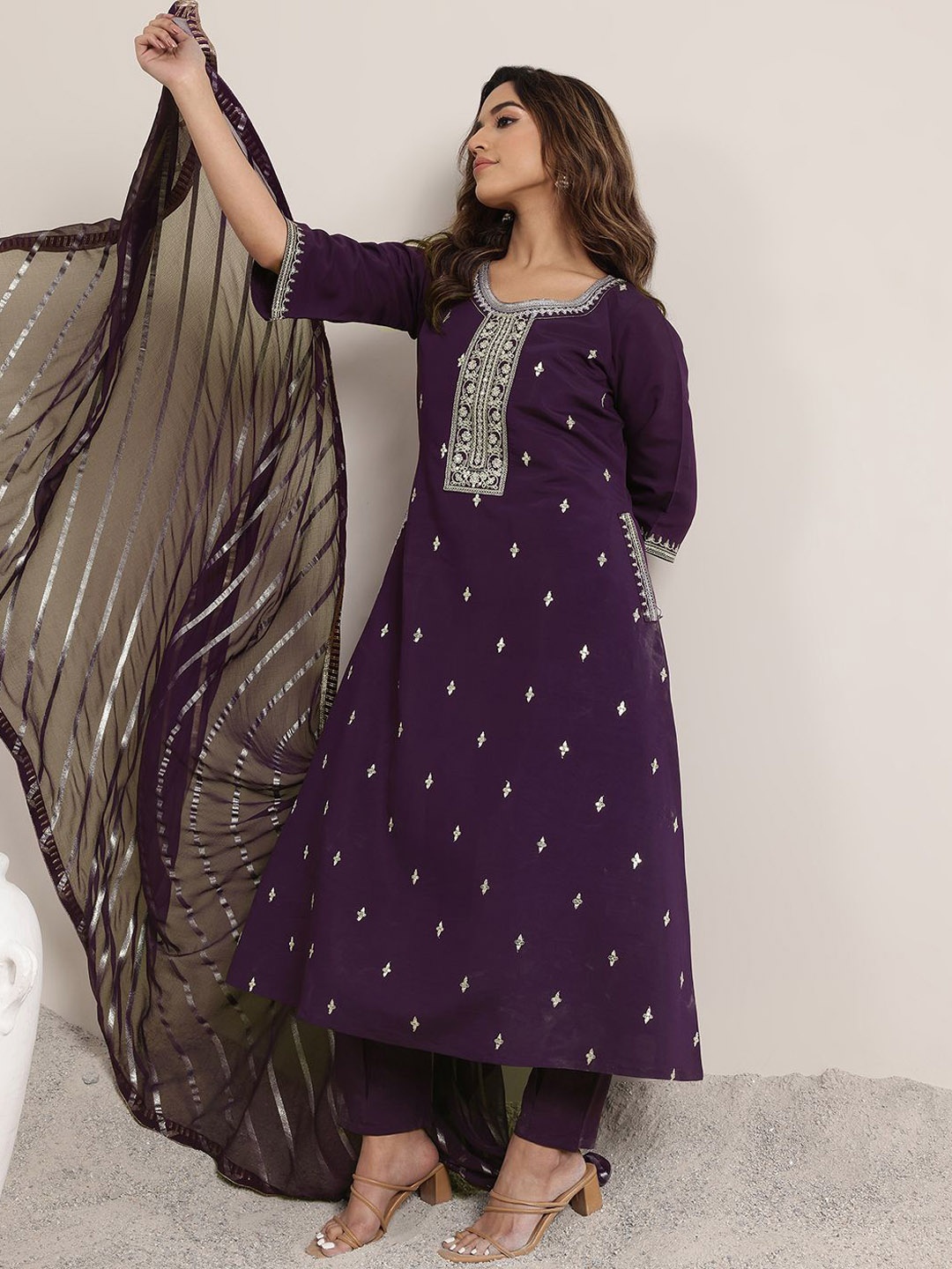 

Libas Purple Floral Embroidered Sequinned A-Line Kurta With Trousers & Dupatta