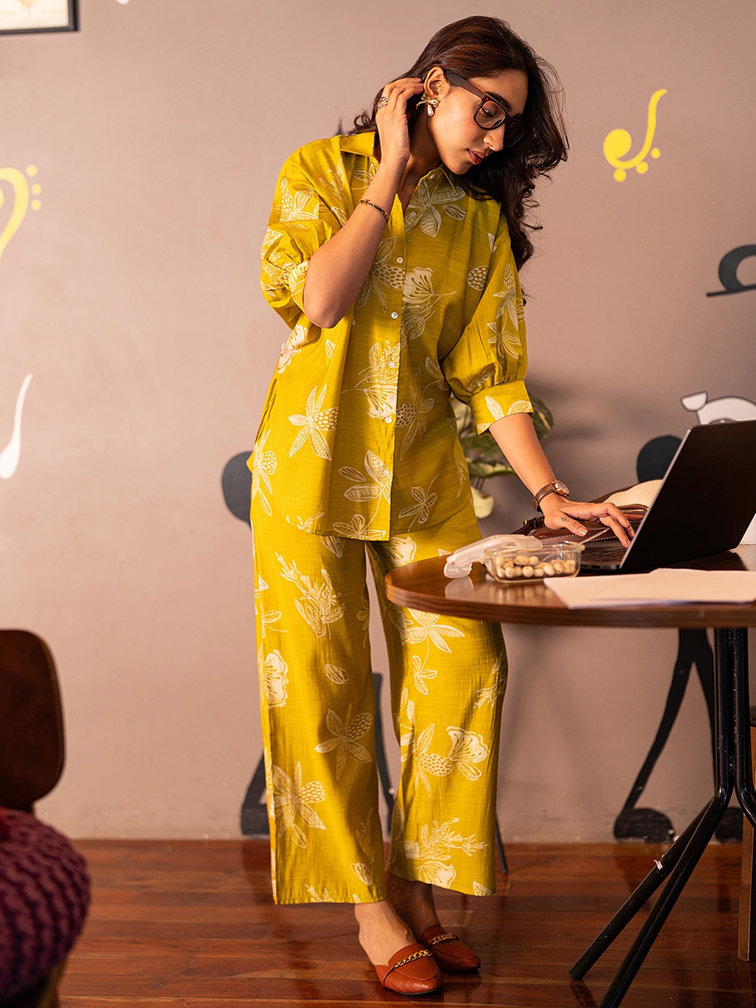 Libas Printed Shirt Collar Tunic With Palazzos, Mustard