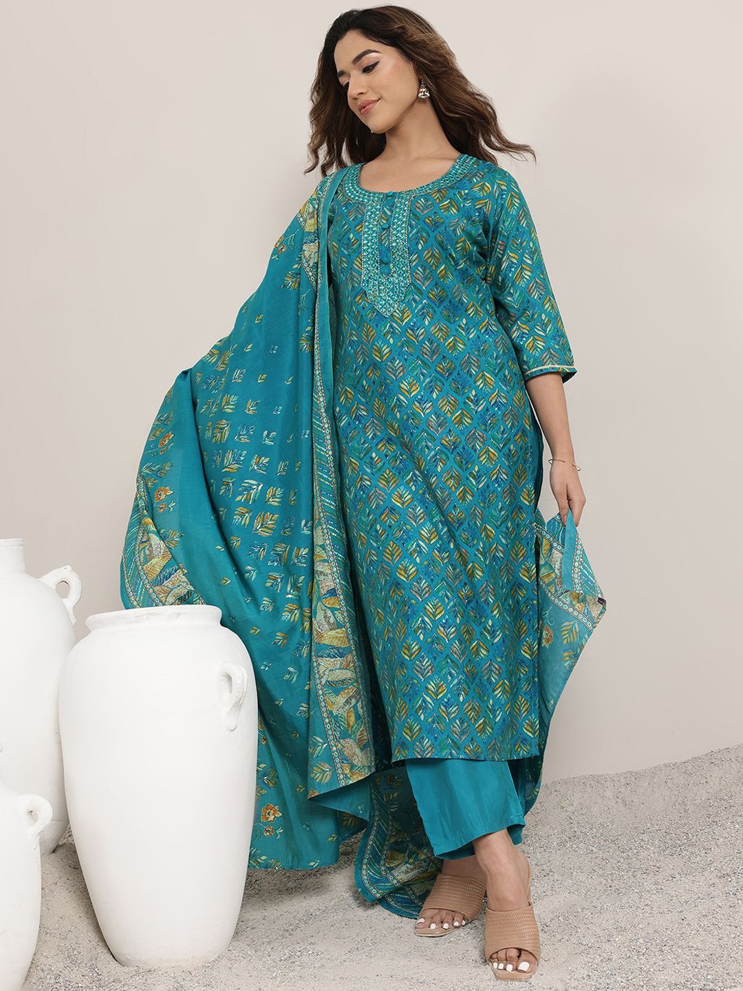

Libas Blue Floral Printed Round Neck Mirror Work Straight Kurta With Trouser & Dupatta