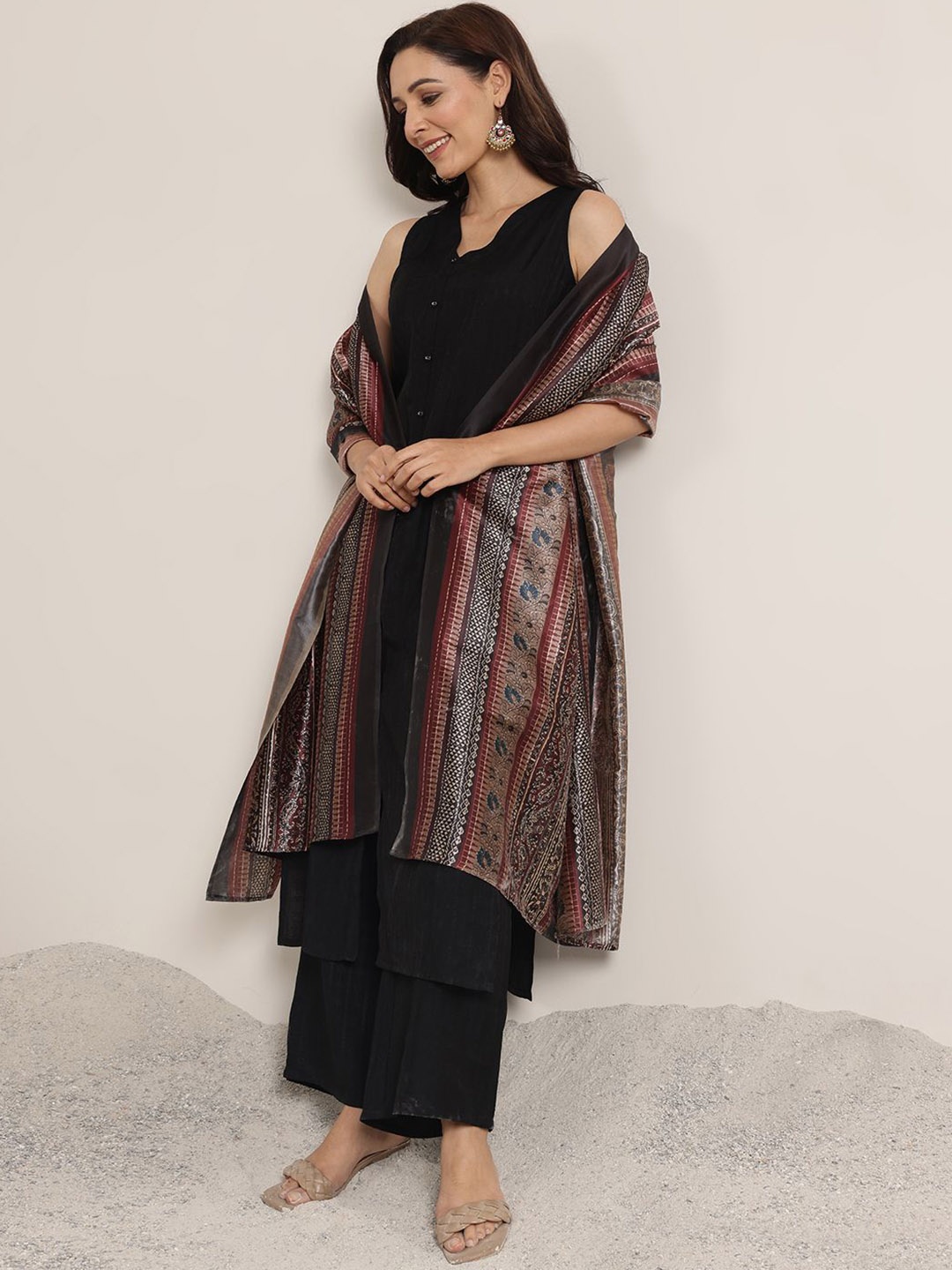 

Libas Striped Woven Design V-Neck Straight Kurta With Palazzos & Dupatta, Black