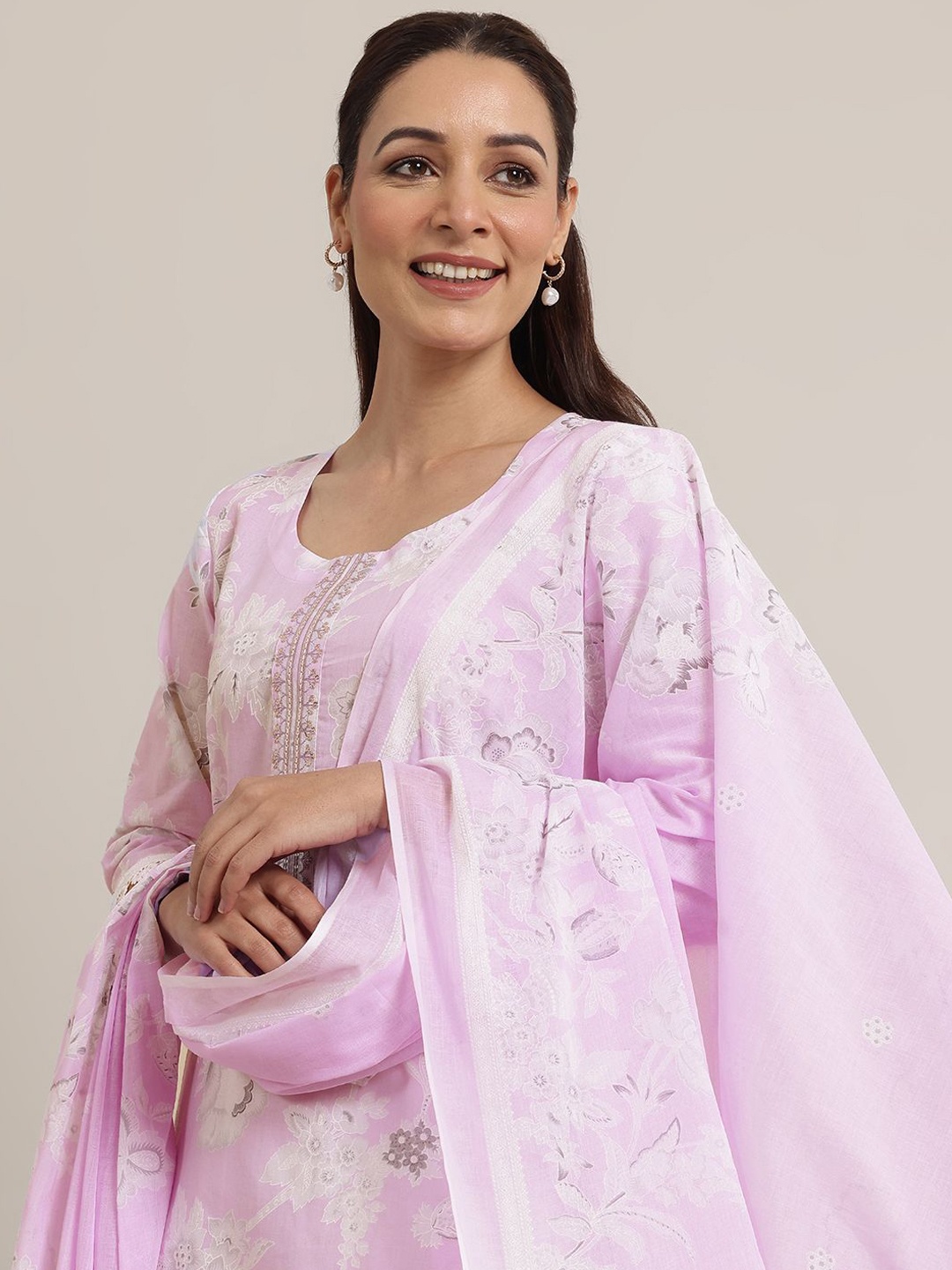 

Libas Lavender Floral Printed Round Neck Sequinned Straight Kurta With Trouser & Dupatta