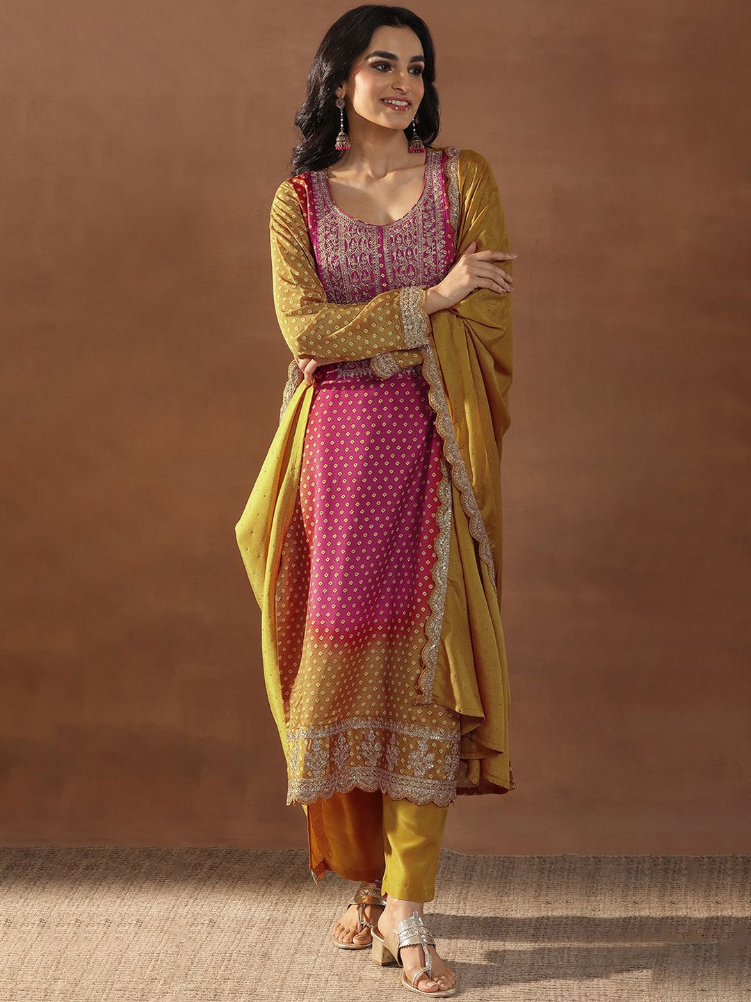 

Libas Mustard Yellow Bandhani Printed Scoop Neck Straight Kurta With Trousers & Dupatta