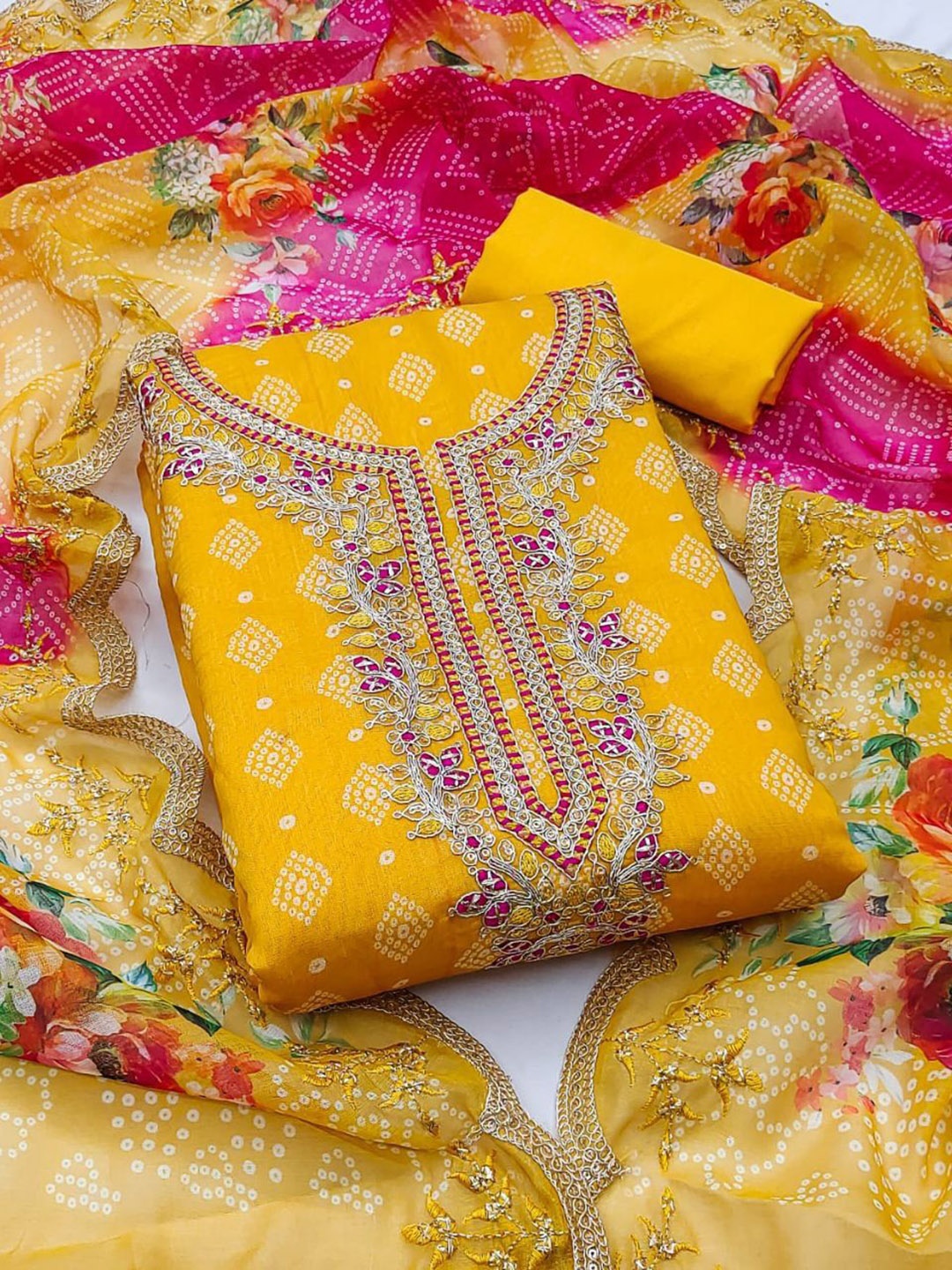 

HMP Fashion Bandhani Printed Sequinned Jacquard Chanderi Unstitched Dress Material, Yellow