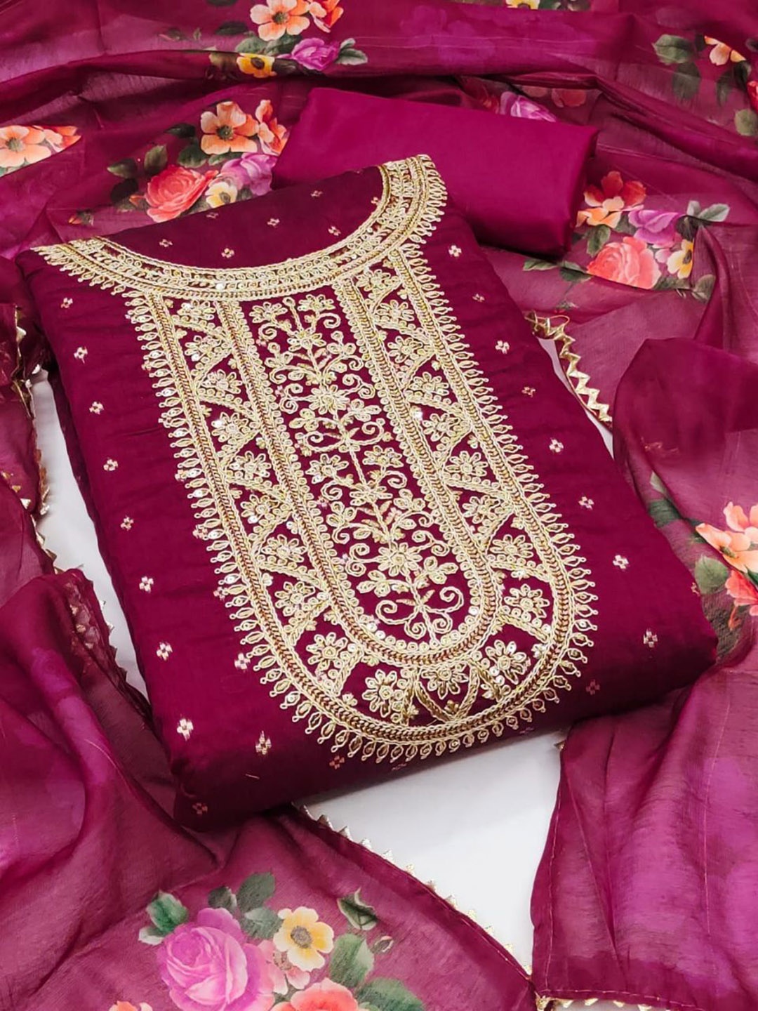 

HMP Fashion Floral Embroidered Sequinned Jacquard Chanderi Unstitched Dress Material, Pink