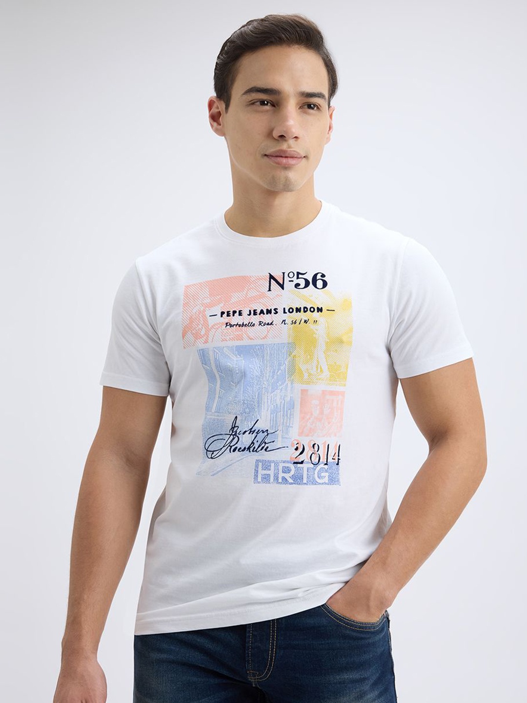 

Pepe Jeans Men Graphic Printed Round Neck Cotton Slim Fit T-shirt, White