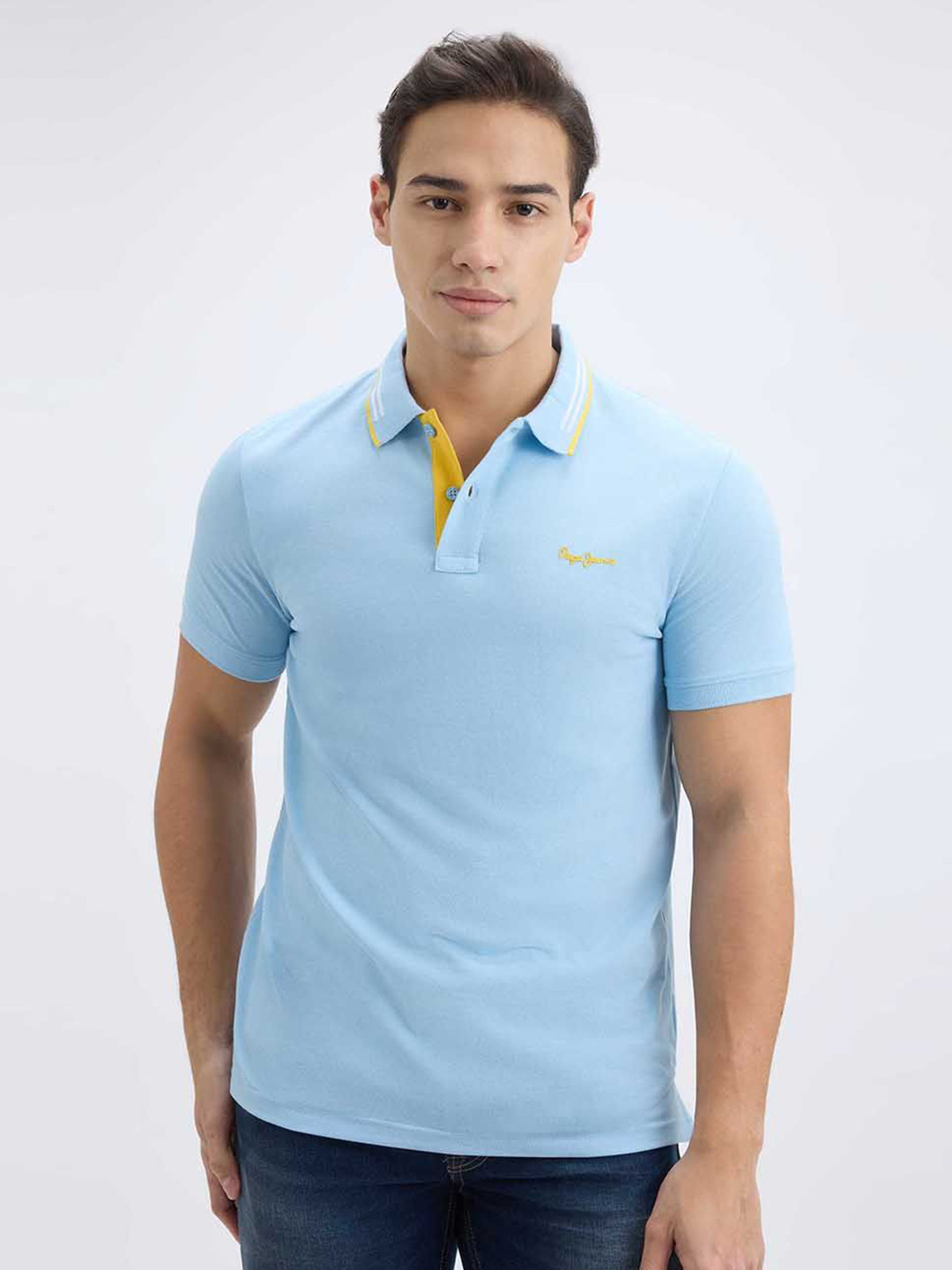 

Pepe Jeans Men Solid Polo Collar Cotton T-shirt, Blue