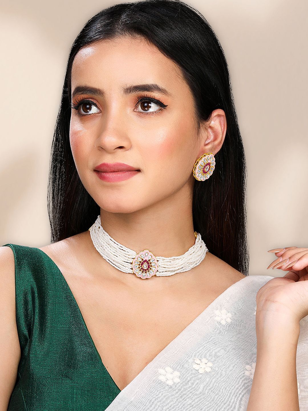 

Peora Gold Plated Kundan Stone Studded & Beaded Jewellery Set