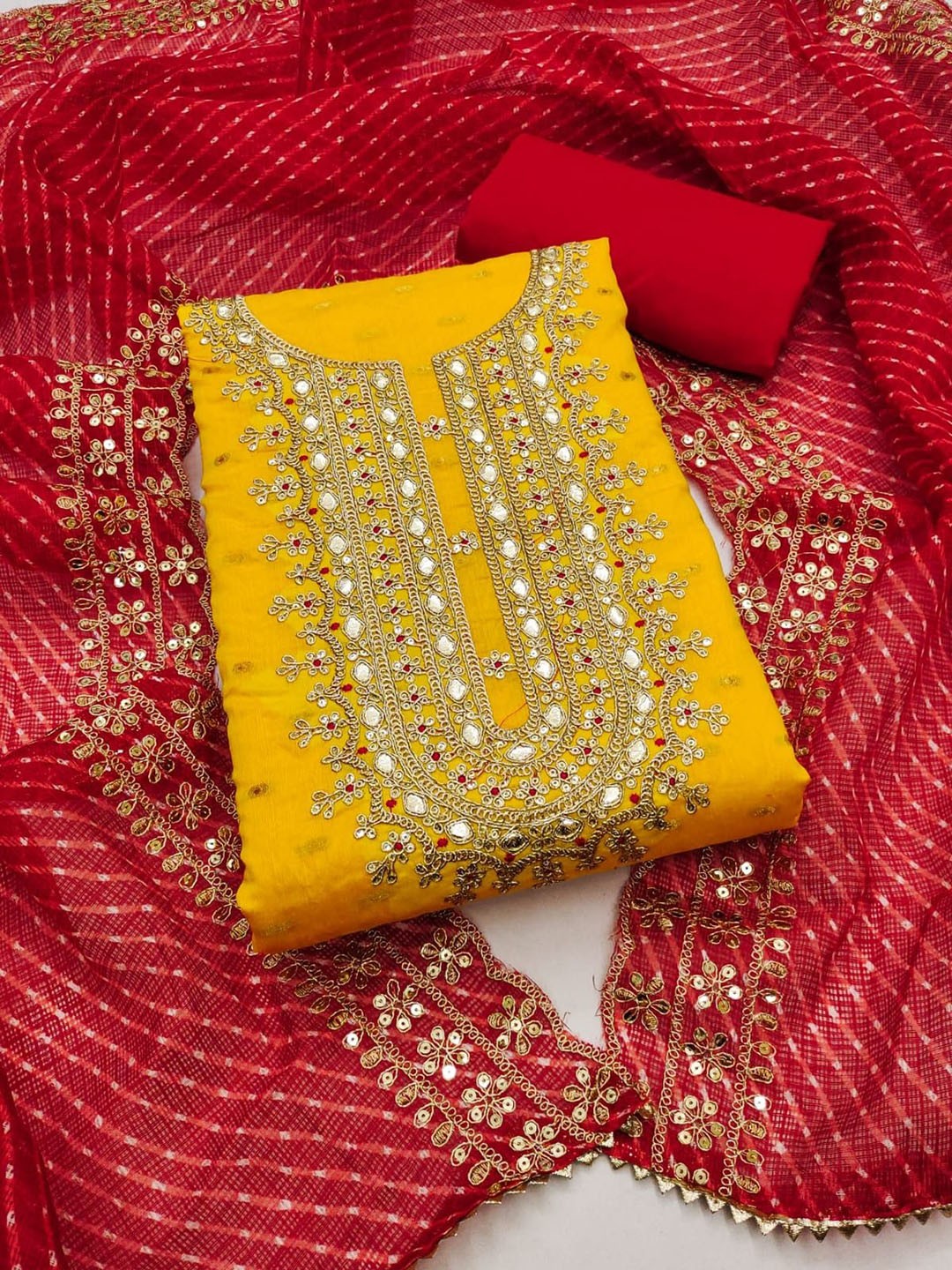 

HMP Fashion Gotta Patti Embellished Jacquard Chanderi Unstitched Dress Material, Mustard