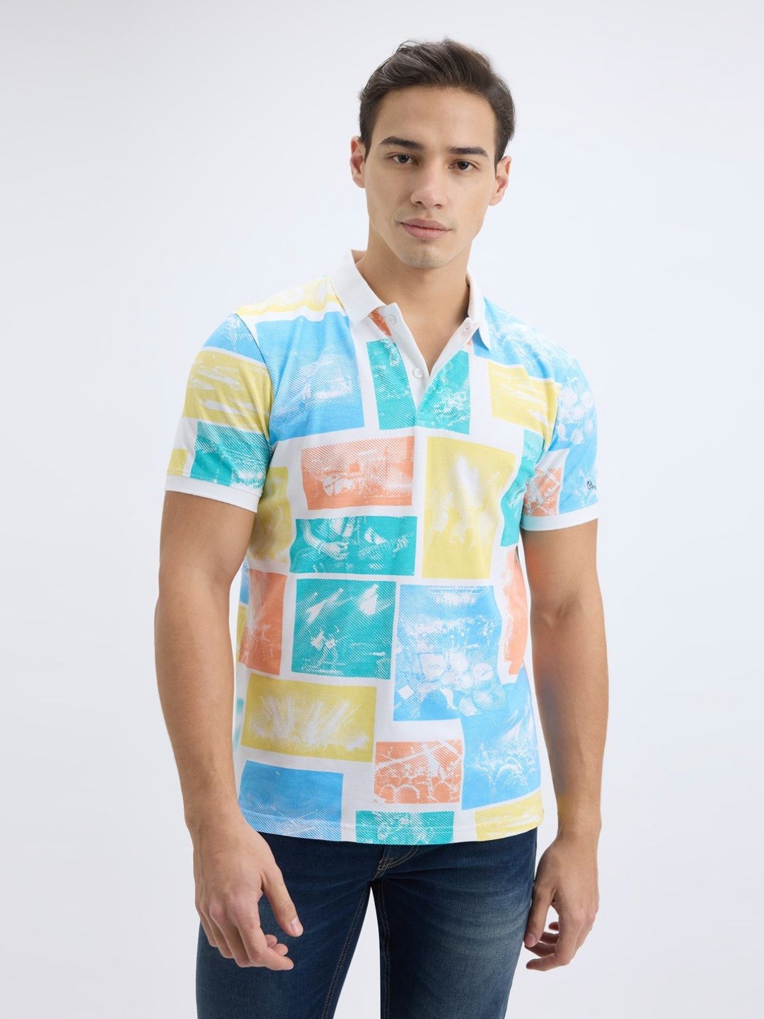 

Pepe Jeans Men Geometric Printed Polo Collar Cotton T-shirt, Blue