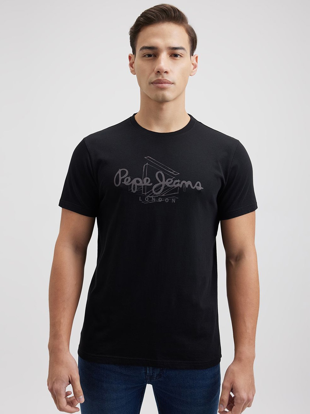 Pepe Jeans Men Typography Printed Round Neck Cotton Slim Fit T-shirt, Black