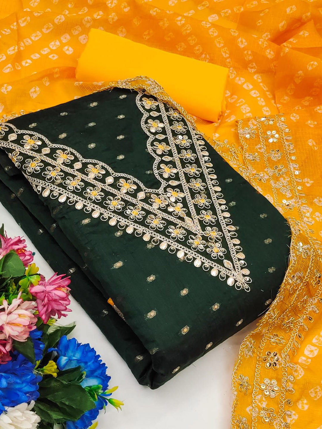 

HMP Fashion Floral Embroidered Sequinned Jacquard Chanderi Unstitched Dress Material, Green