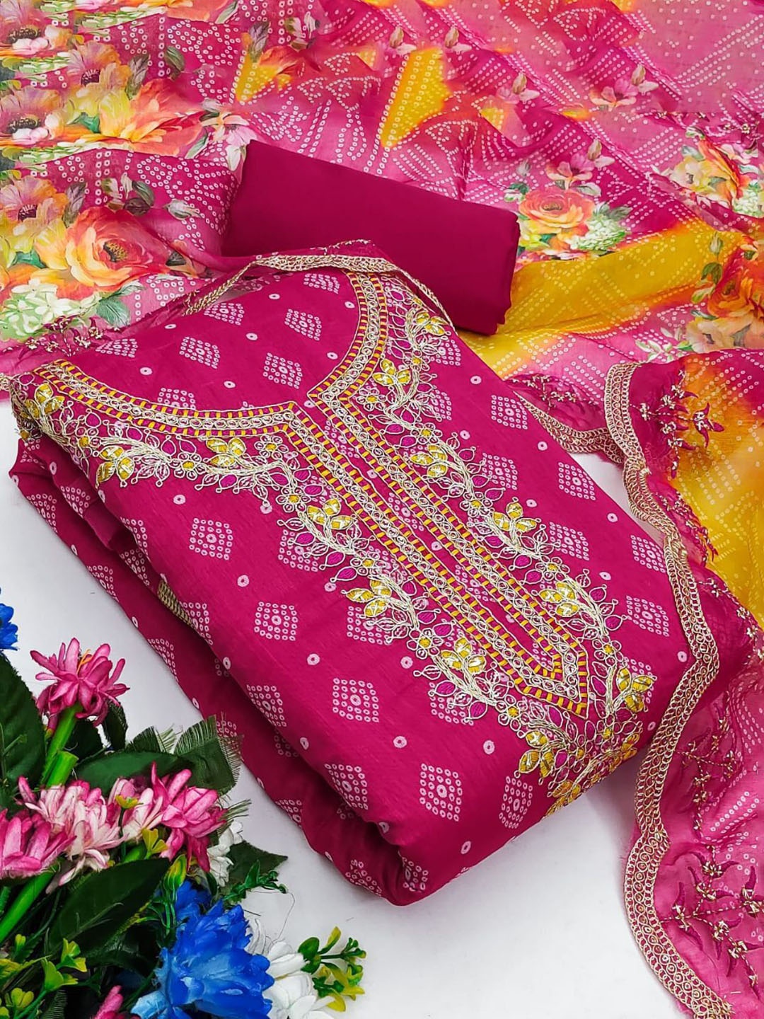 

HMP Fashion Bandhani Printed Sequinned Jacquard Chanderi Unstitched Dress Material, Pink