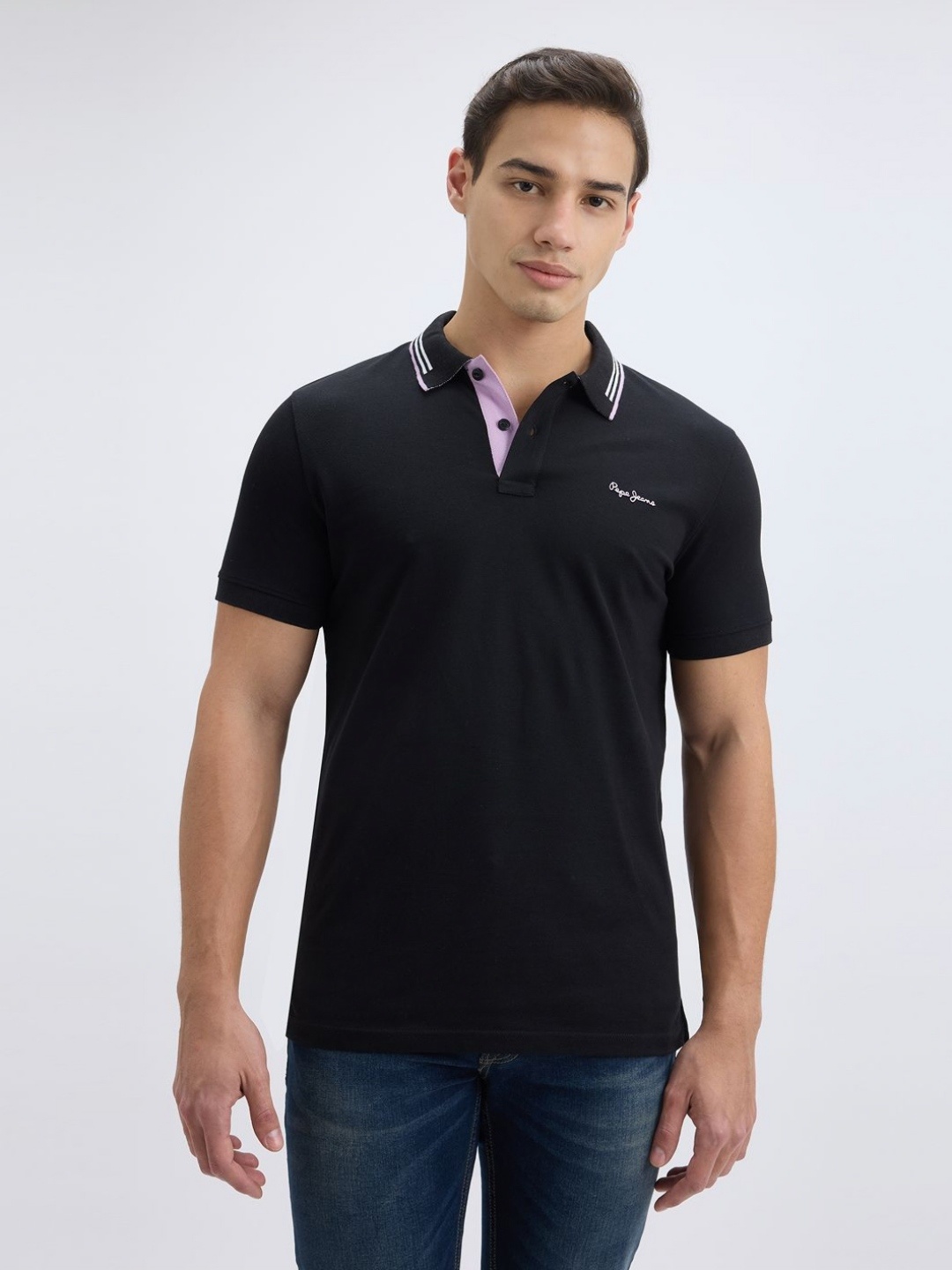 

Pepe Jeans Men Solid Polo Collar Cotton T-shirt, Black