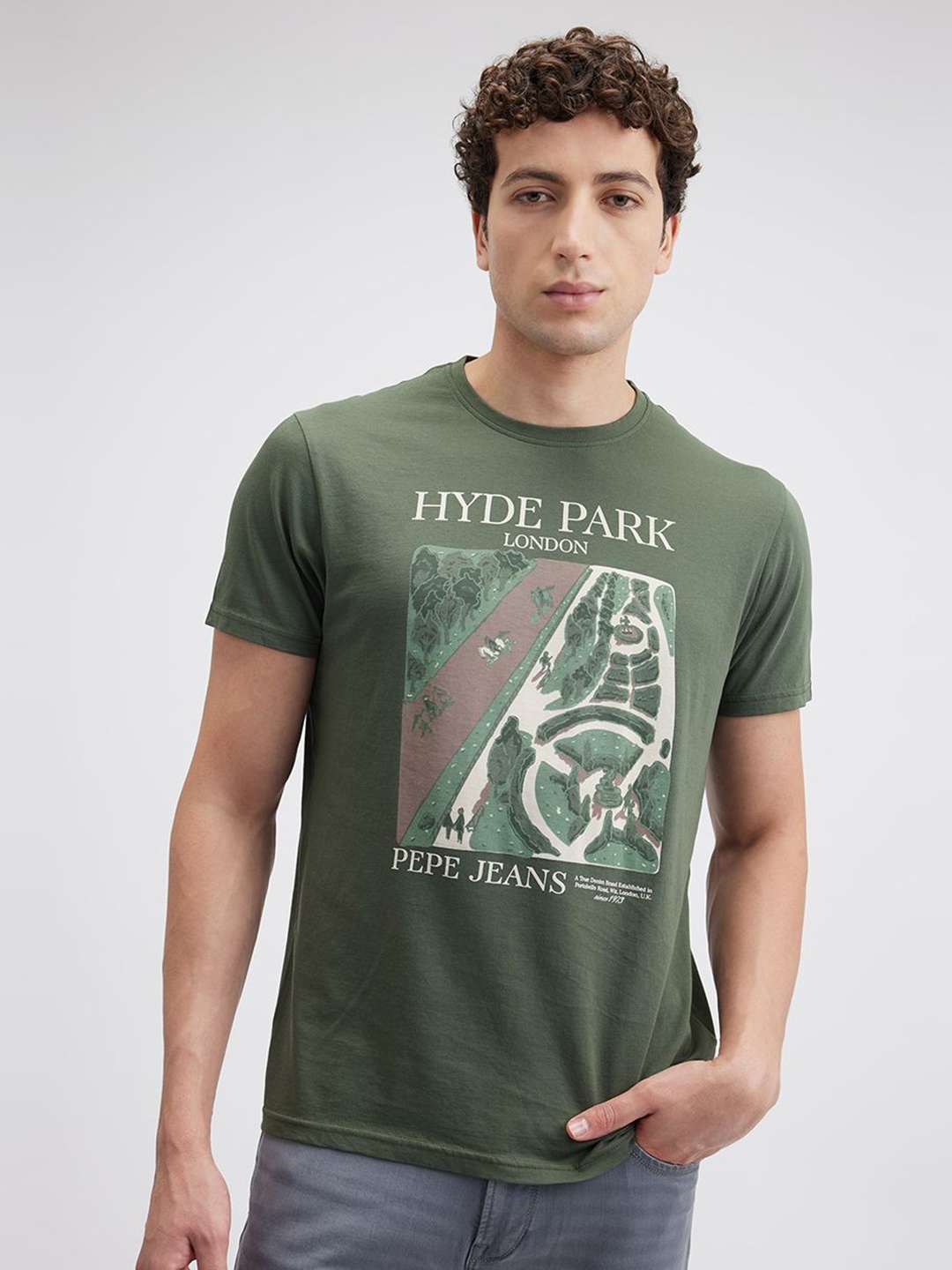

Pepe Jeans Men Graphic Printed Round Neck Cotton Slim Fit T-shirt, Green