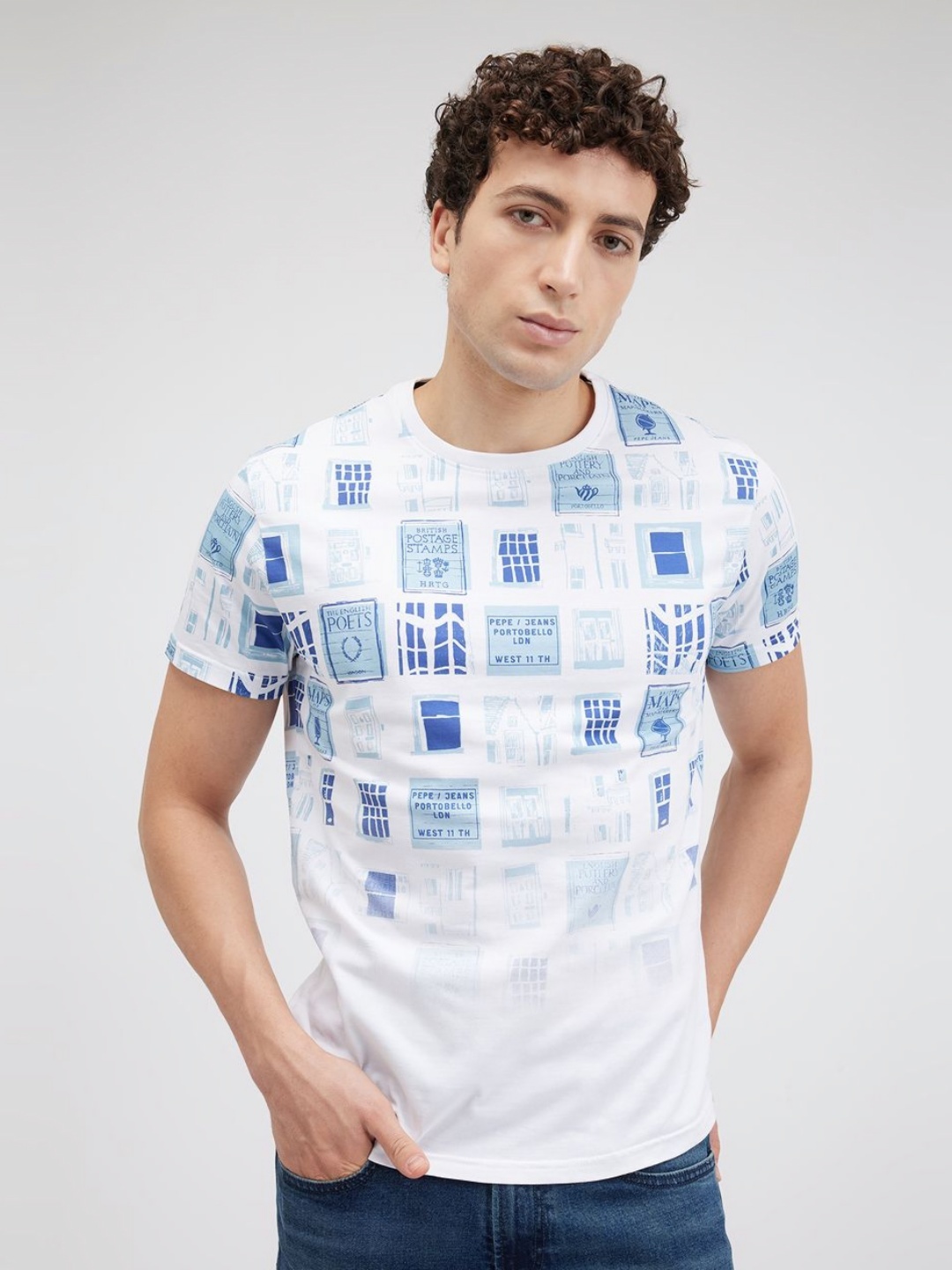 

Pepe Jeans Men Graphic Printed Round Neck Cotton Slim Fit T-shirt, White