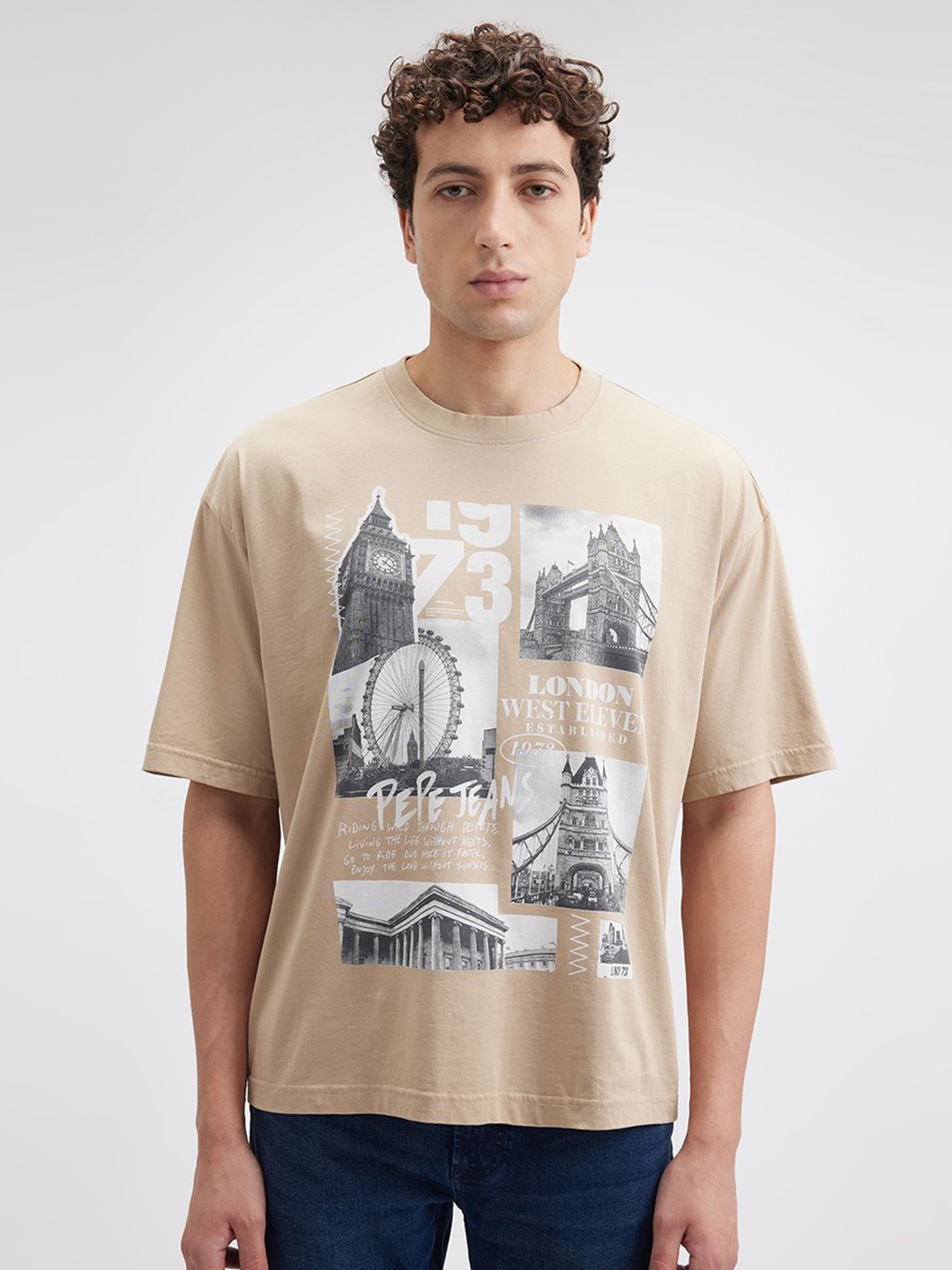 

Pepe Jeans Men Graphic Printed Round Neck Cotton Oversized T-shirt, Beige