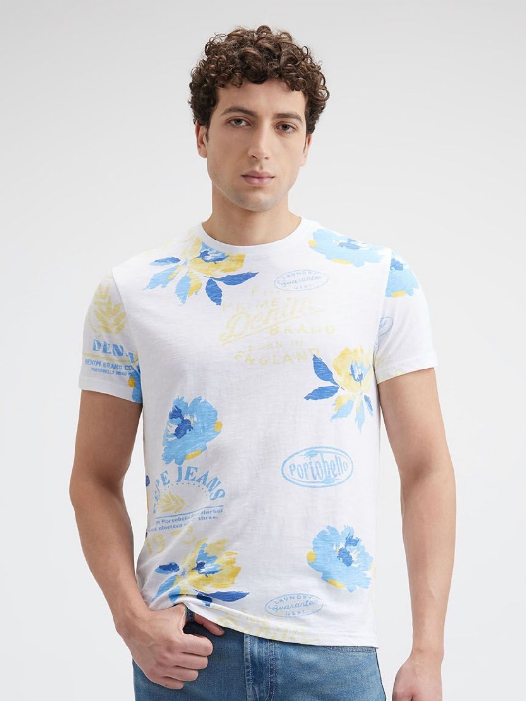 

Pepe Jeans Men Floral Printed Round Neck Cotton Slim Fit T-shirt, White