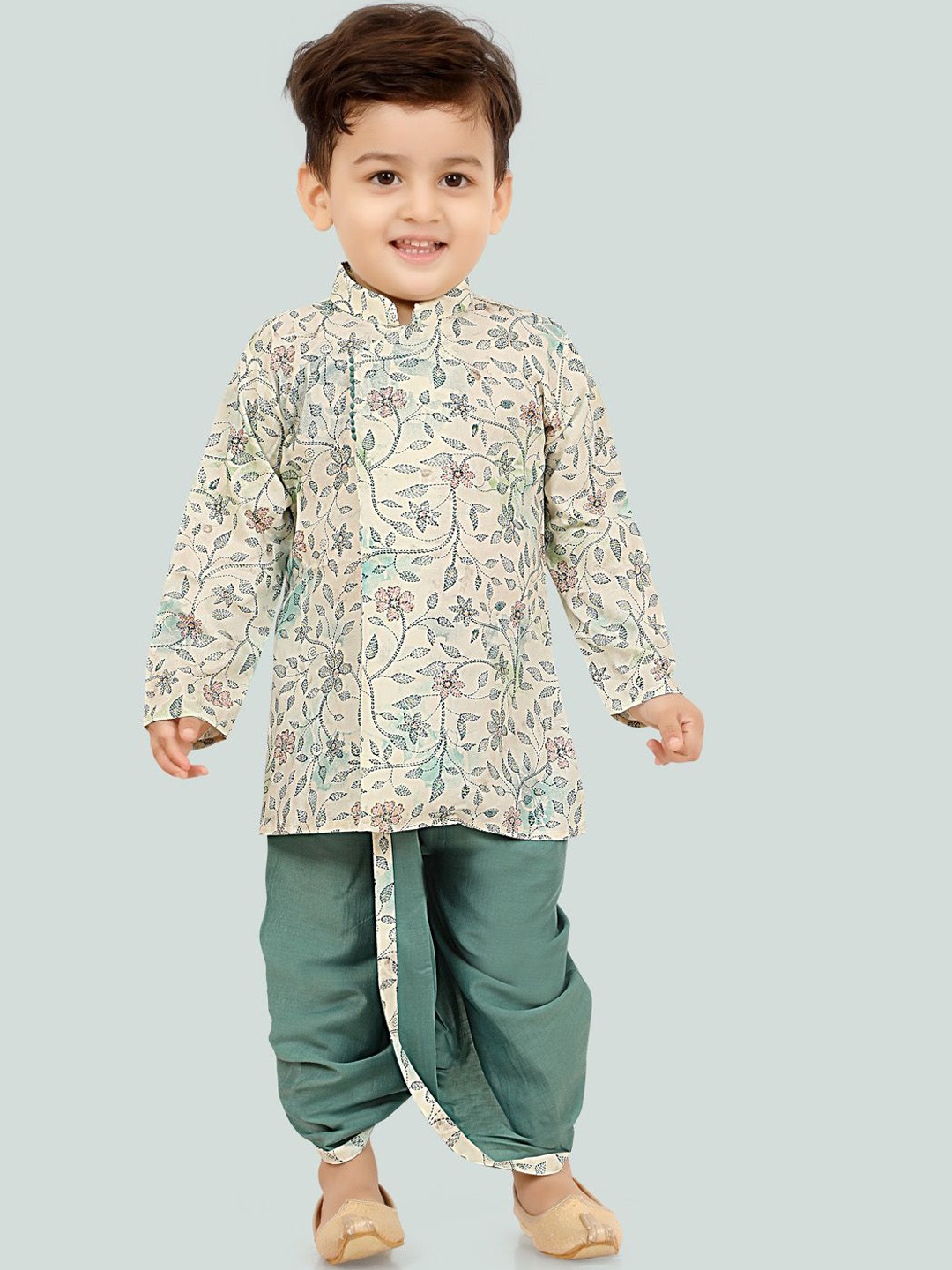 

Ethniks Neu-Ron Boys Floral Printed Pure Cotton Straight Kurta With Dhoti Pants, Sea green