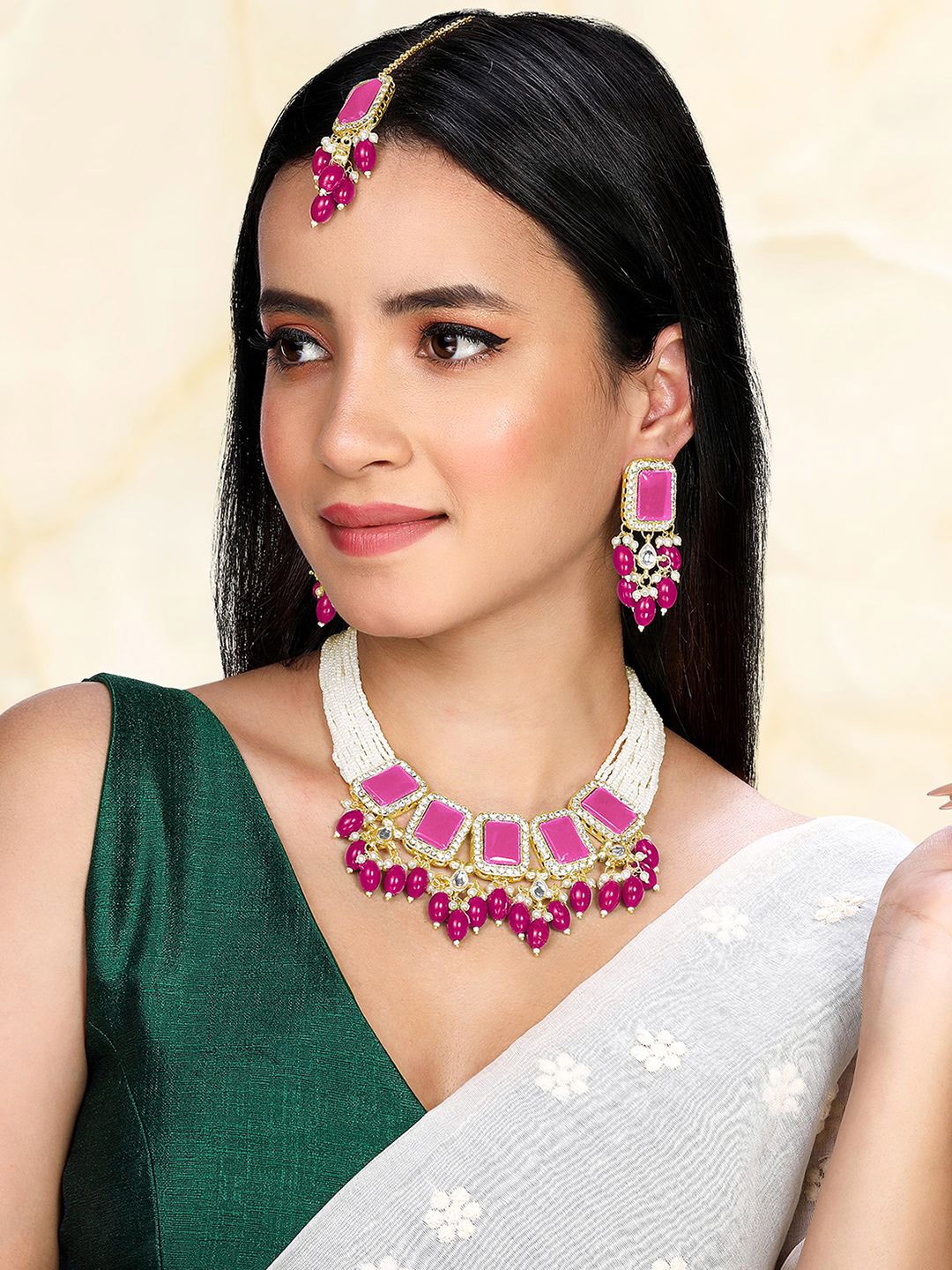 

Peora Gold Plated Cubic Zirconia Stone Studded & Pearls Beaded Jewellery Set