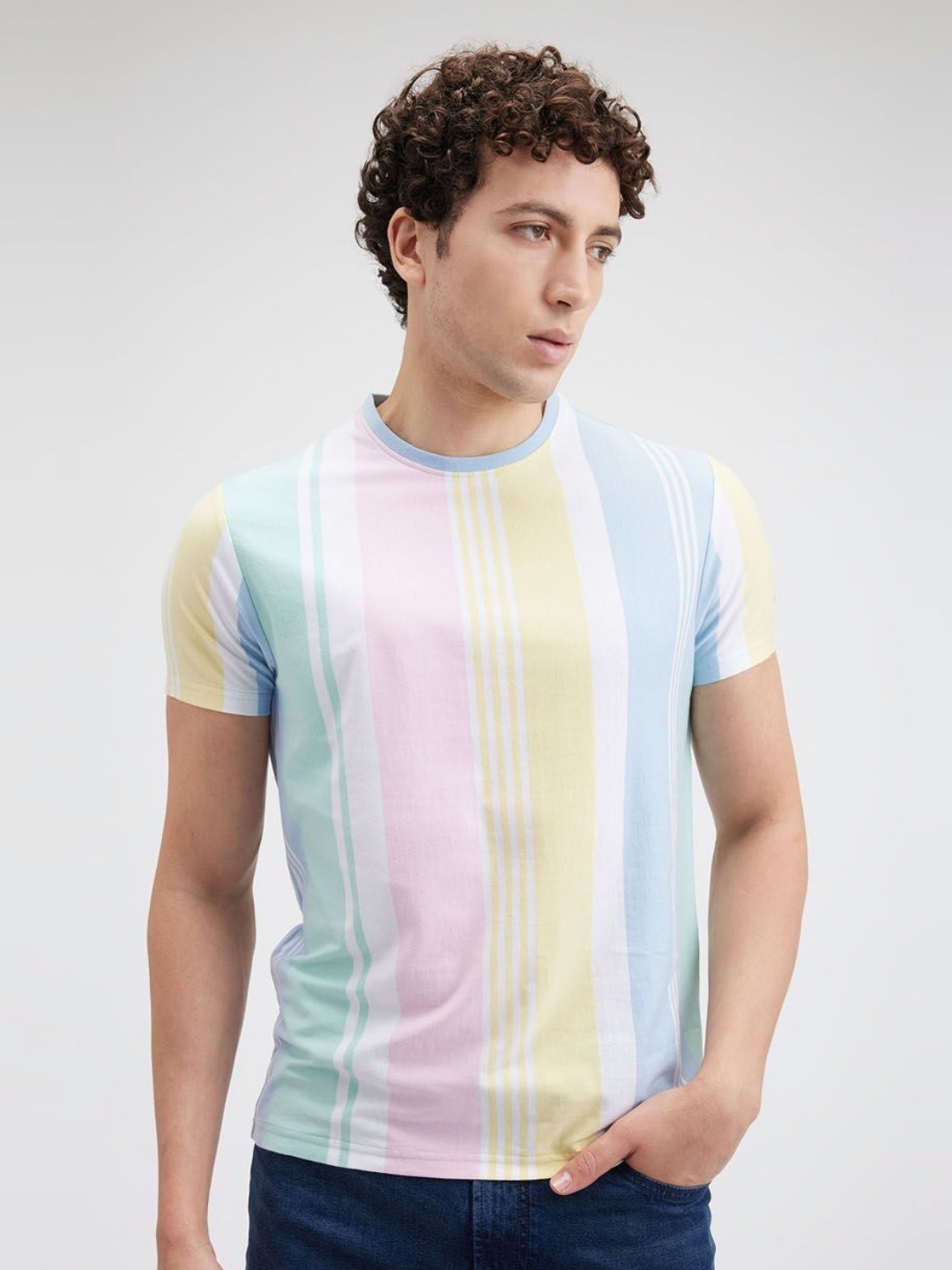 

Pepe Jeans Men Striped Round Neck Cotton Slim Fit T-shirt, White