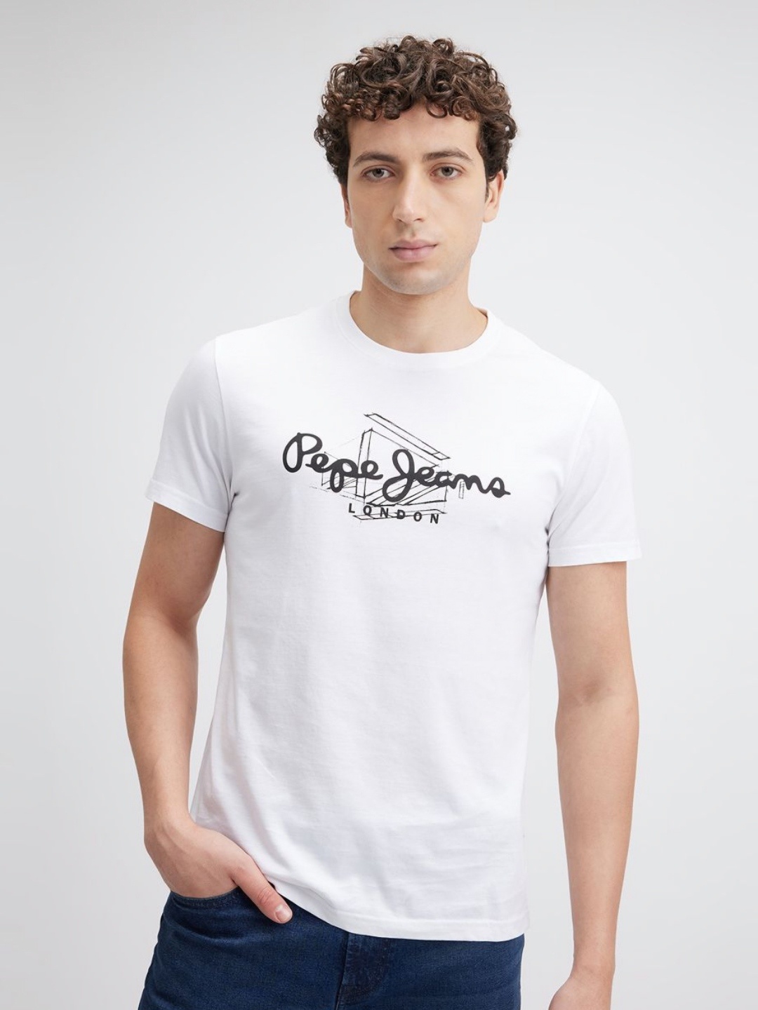 

Pepe Jeans Men Typography Printed Round Neck Cotton Slim Fit T-shirt, White