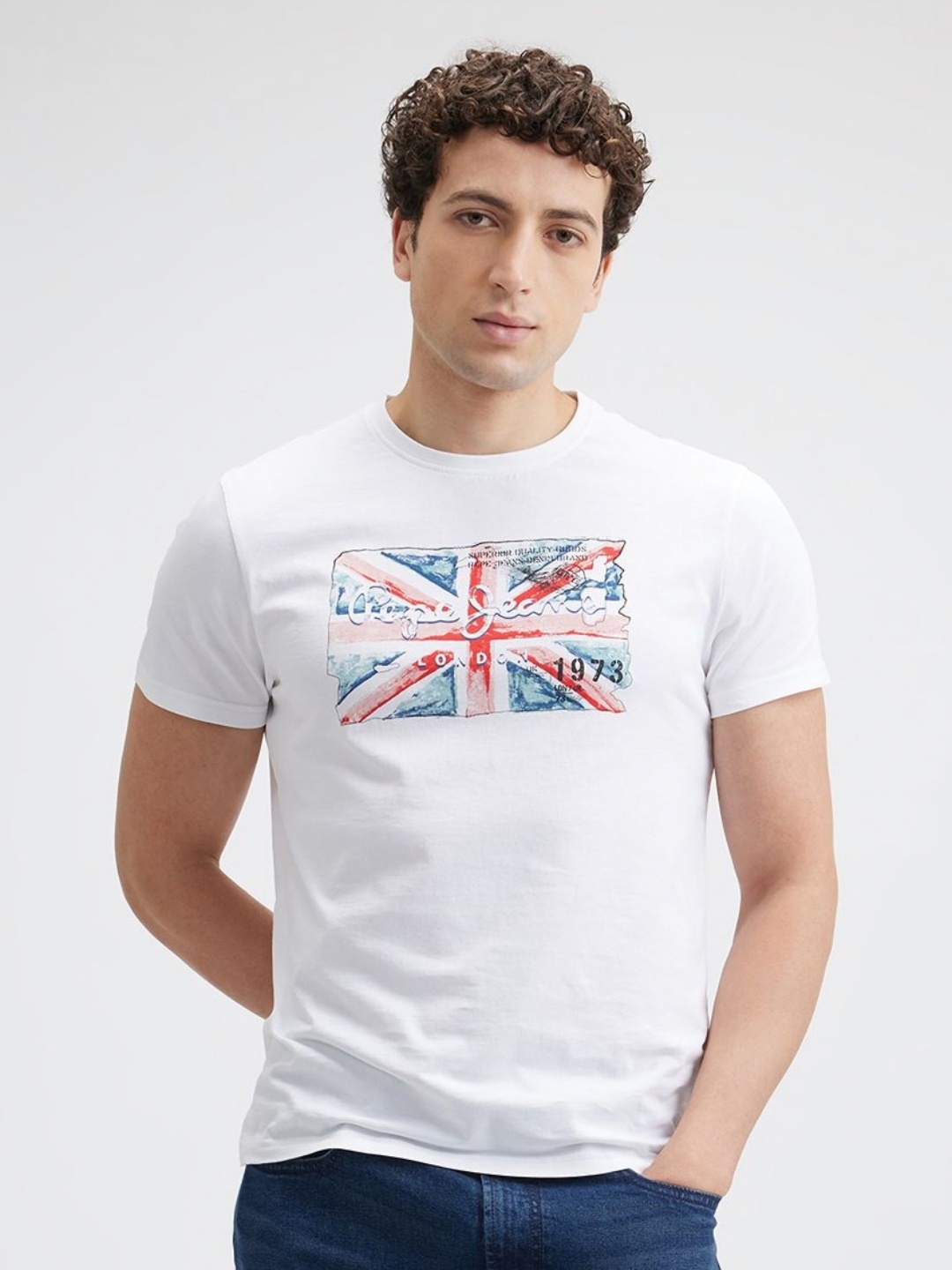 

Pepe Jeans Men Graphic Printed Round Neck Cotton Slim Fit T-shirt, White