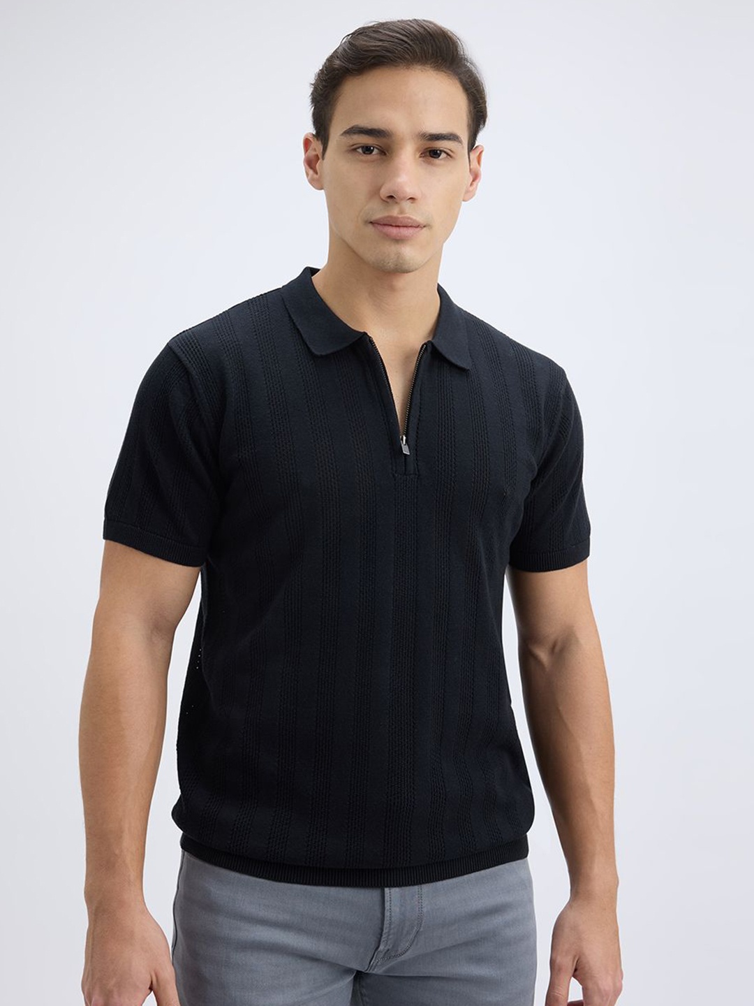 

Pepe Jeans Men Self Design Polo Collar Cotton T-shirt, Black