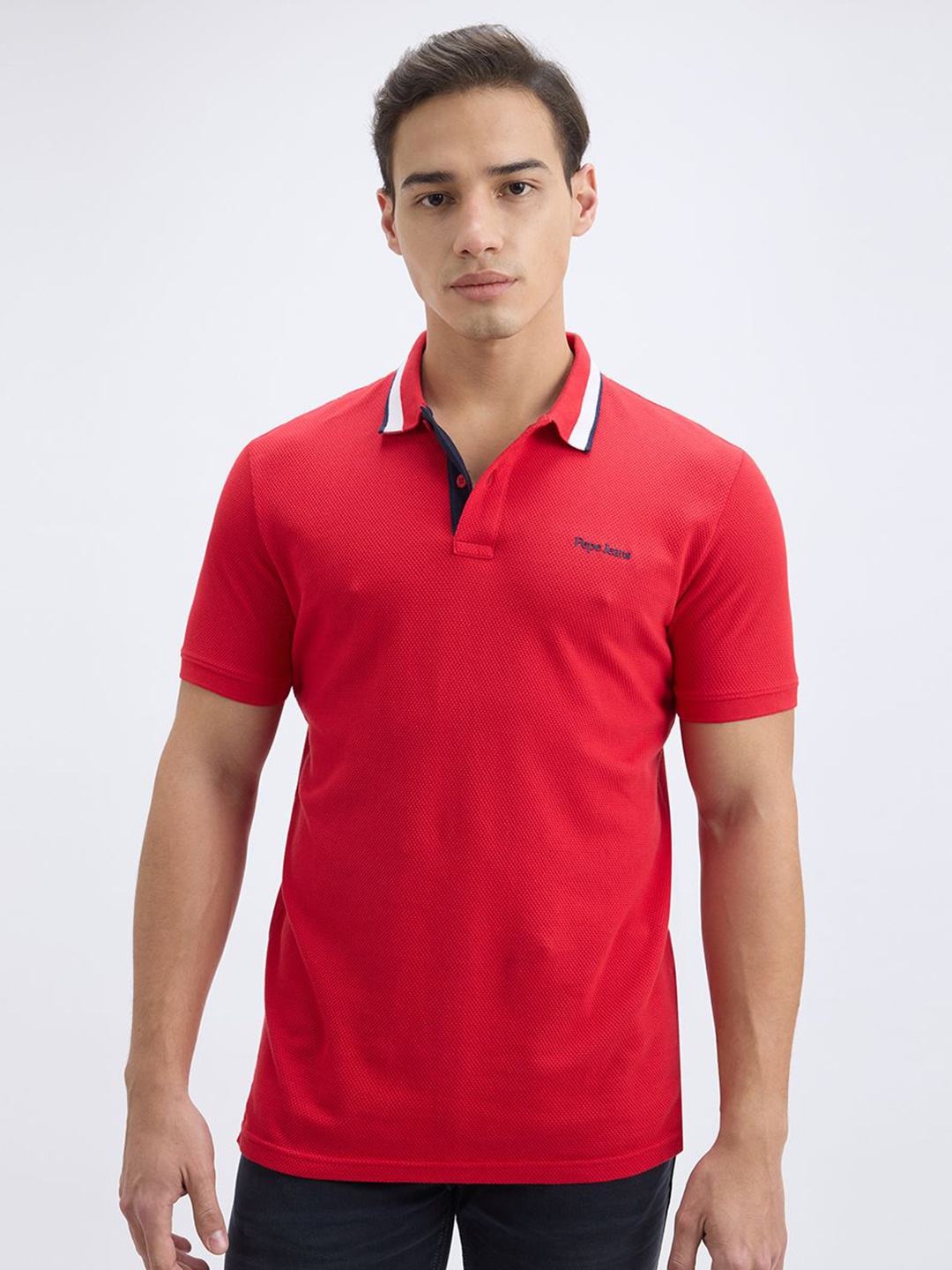 

Pepe Jeans Men Solid Polo Collar Cotton T-shirt, Red