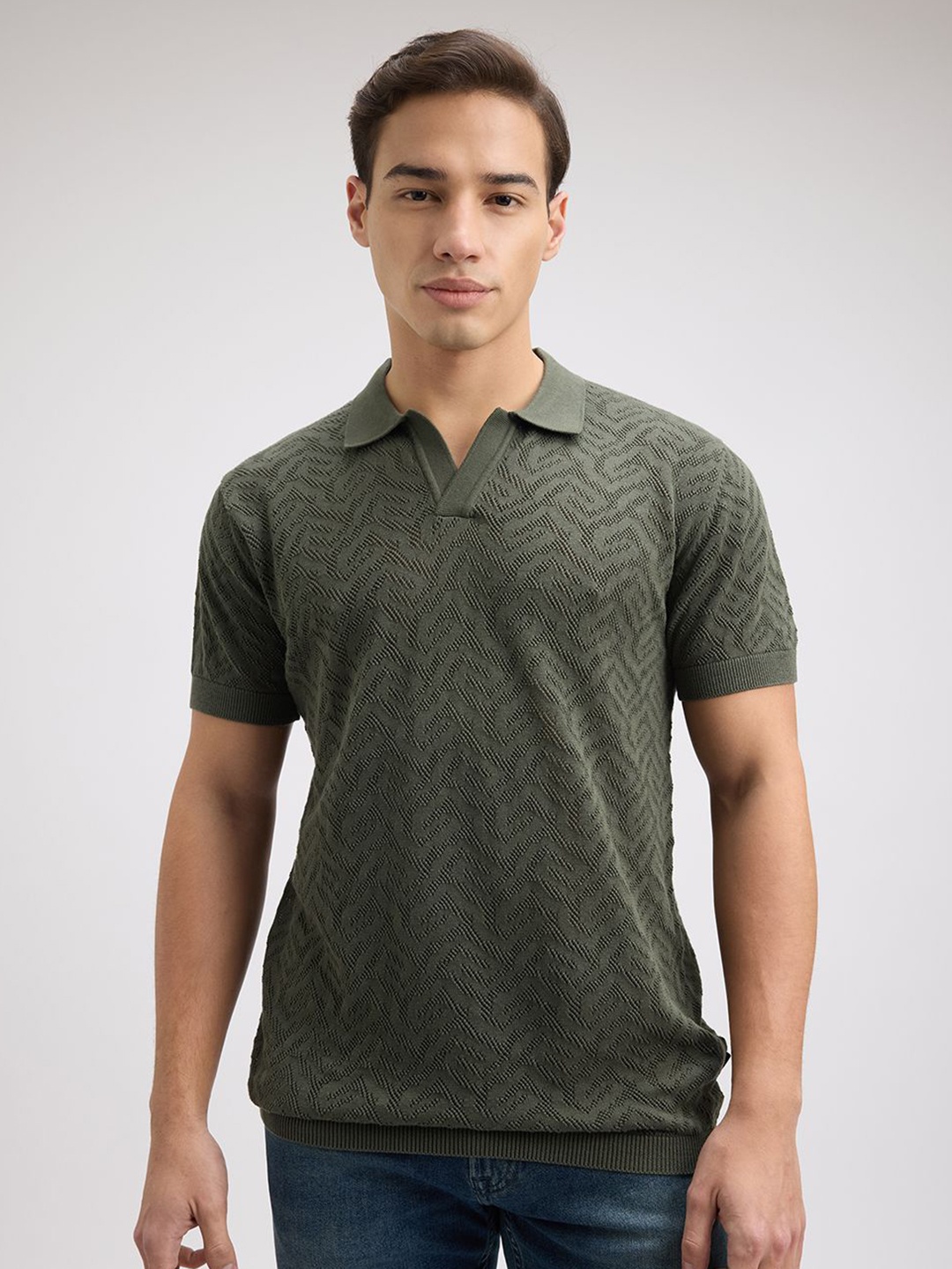 

Pepe Jeans Men Self Design Polo Collar Cotton T-shirt, Olive