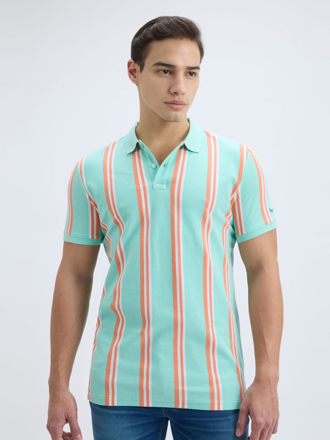

Pepe Jeans Men Striped Polo Collar Cotton T-shirt, Green