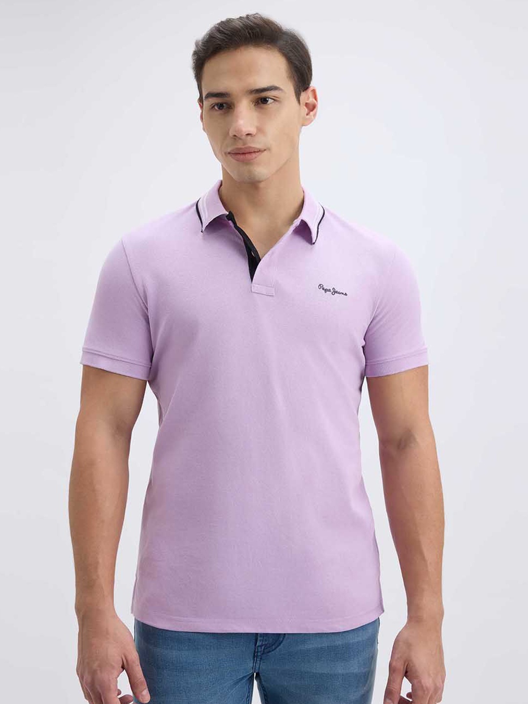 

Pepe Jeans Men Solid Polo Collar Cotton T-shirt, Purple