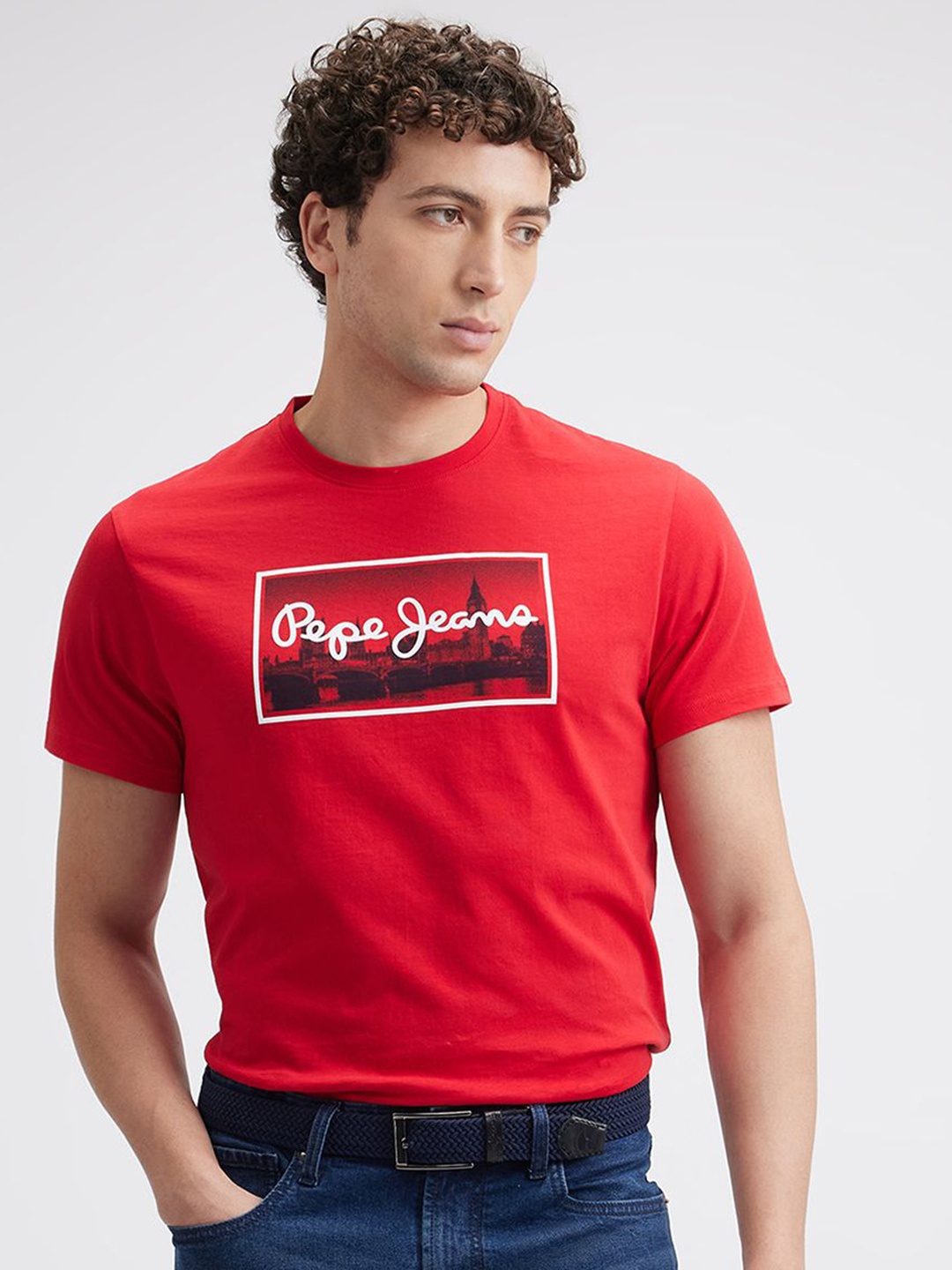 

Pepe Jeans Men Graphic Printed Round Neck Cotton Slim Fit T-shirt, Red