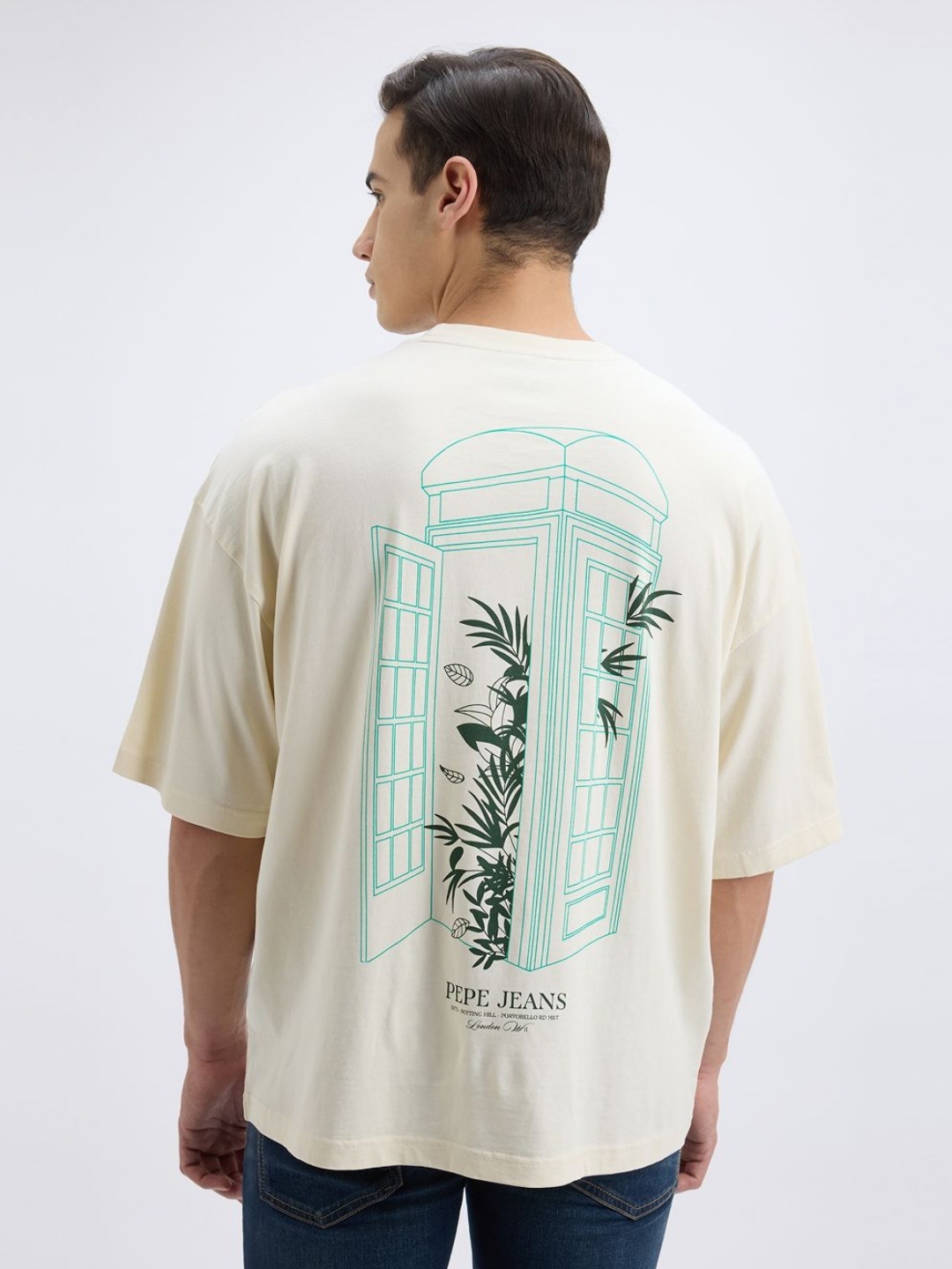 

Pepe Jeans Men Graphic Printed Round Neck Cotton Oversized T-shirt, Off white