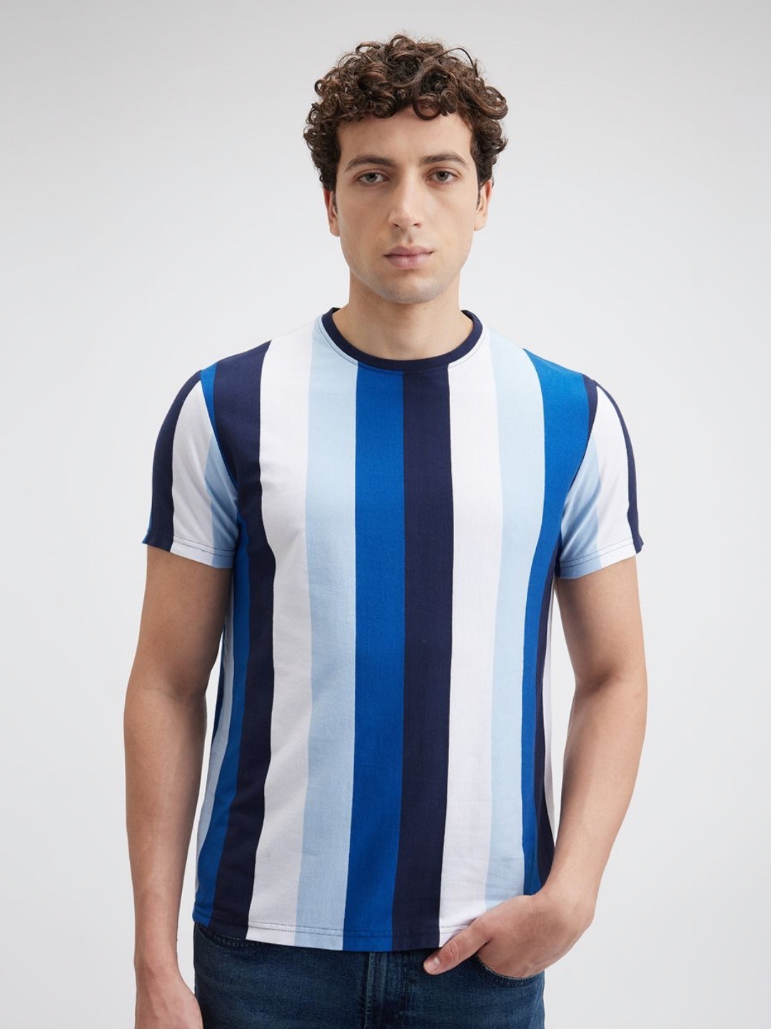 

Pepe Jeans Men Striped Round Neck Cotton Slim Fit T-shirt, Blue