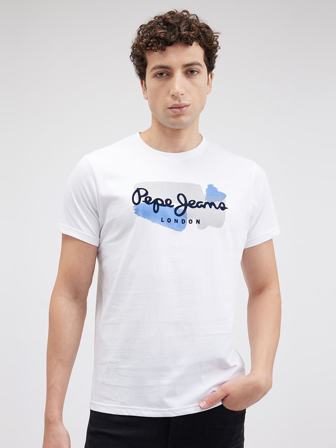 

Pepe Jeans Men Typography Printed Round Neck Cotton Slim Fit T-shirt, White