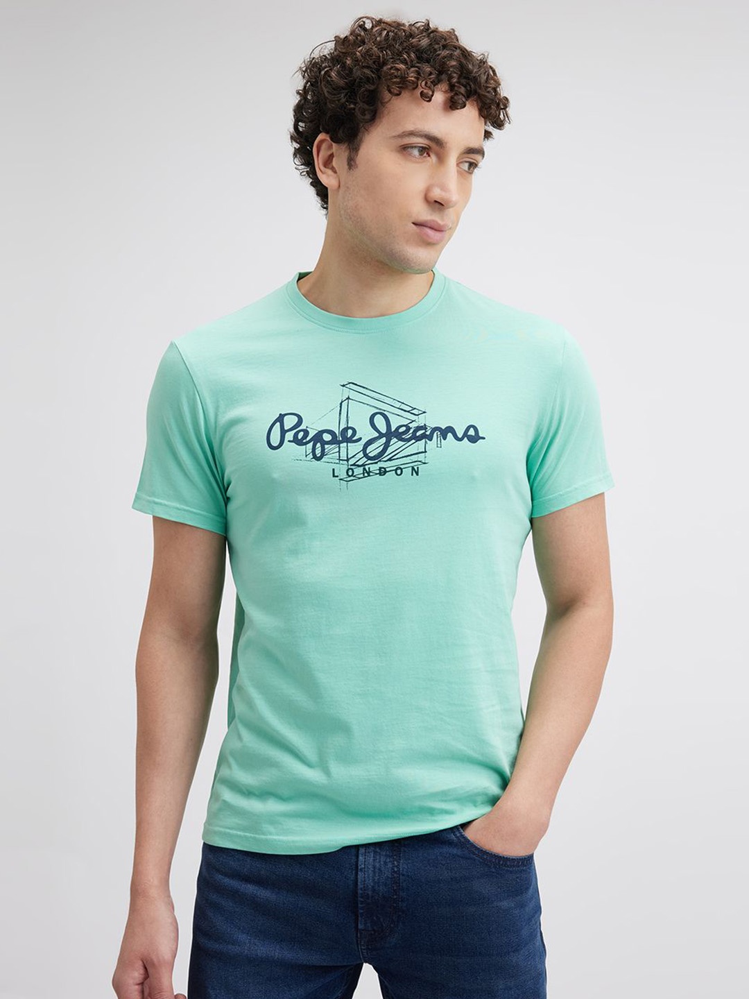 

Pepe Jeans Men Typography Printed Round Neck Cotton Slim Fit T-shirt, Green