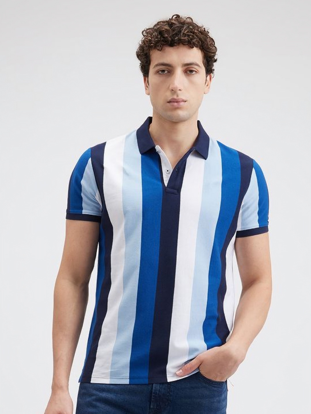 

Pepe Jeans Men Striped Polo Collar Cotton T-shirt, Blue