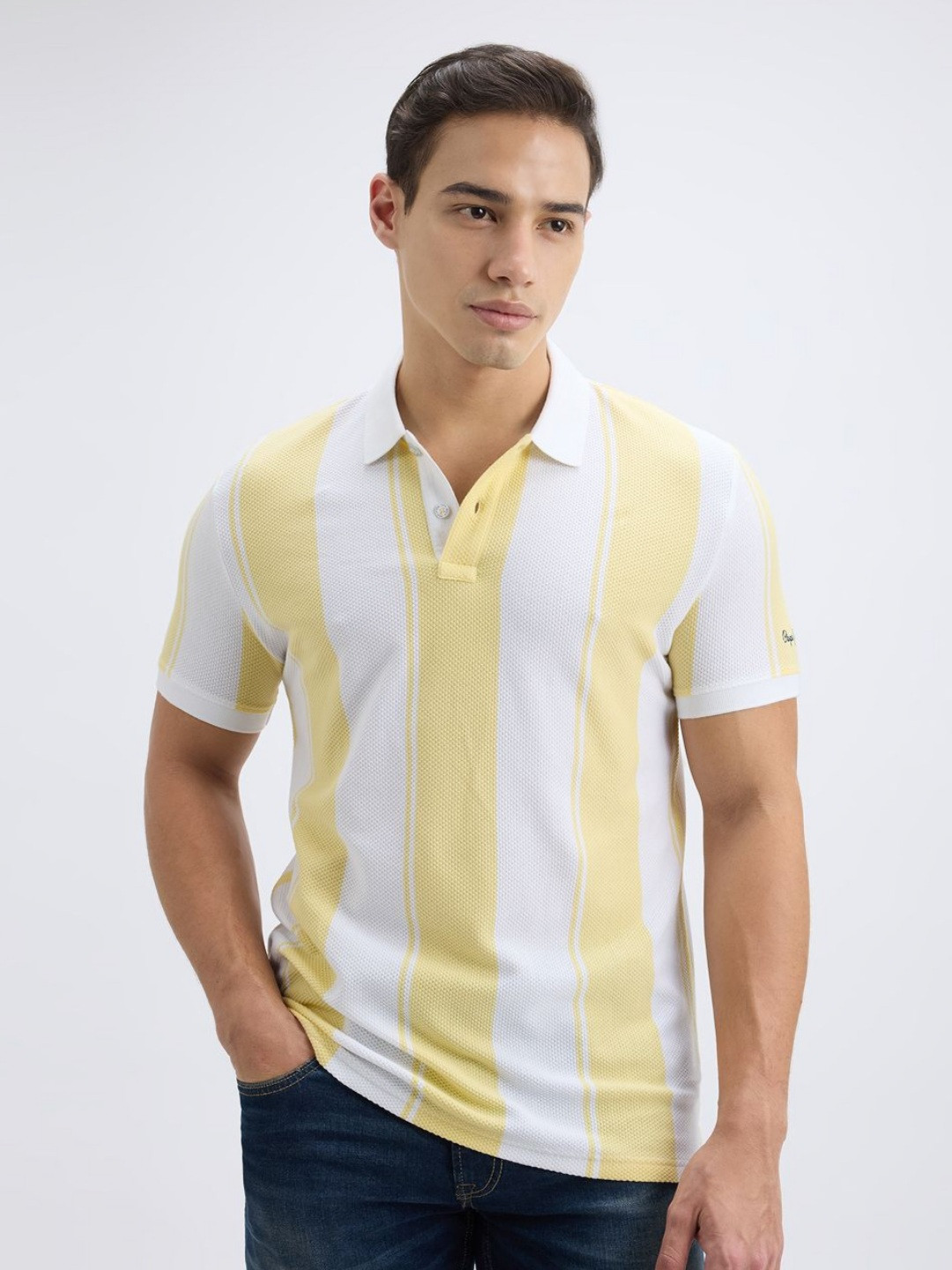 

Pepe Jeans Men Striped Polo Collar Cotton T-shirt, Yellow