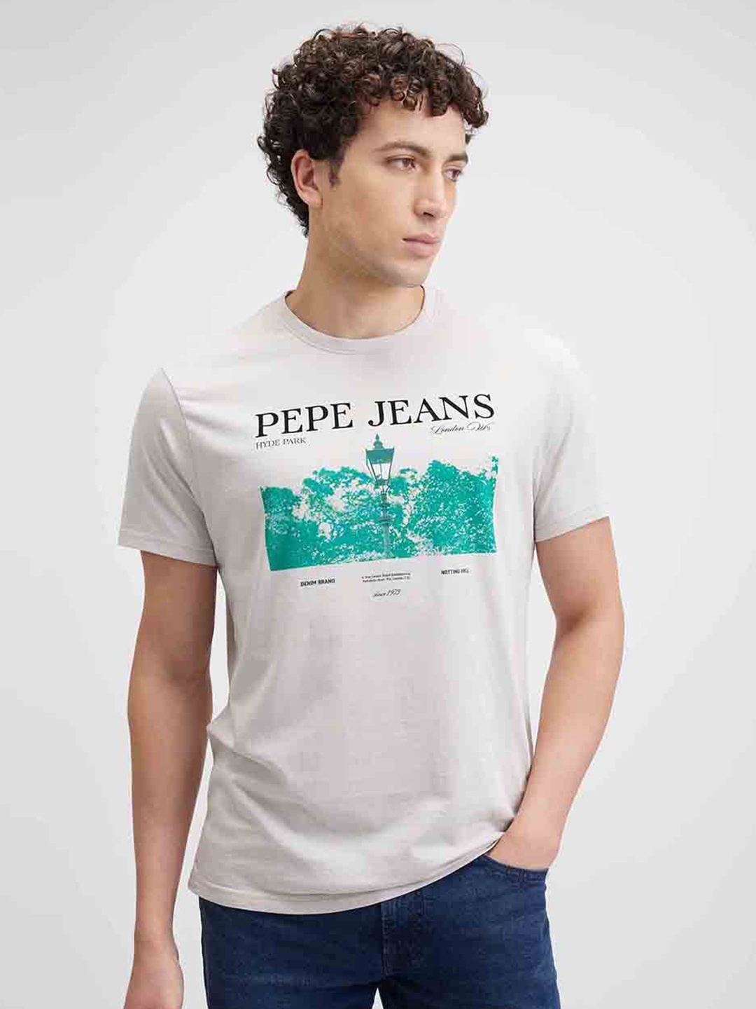 

Pepe Jeans Men Graphic Printed Round Neck Cotton Slim Fit T-shirt, Grey