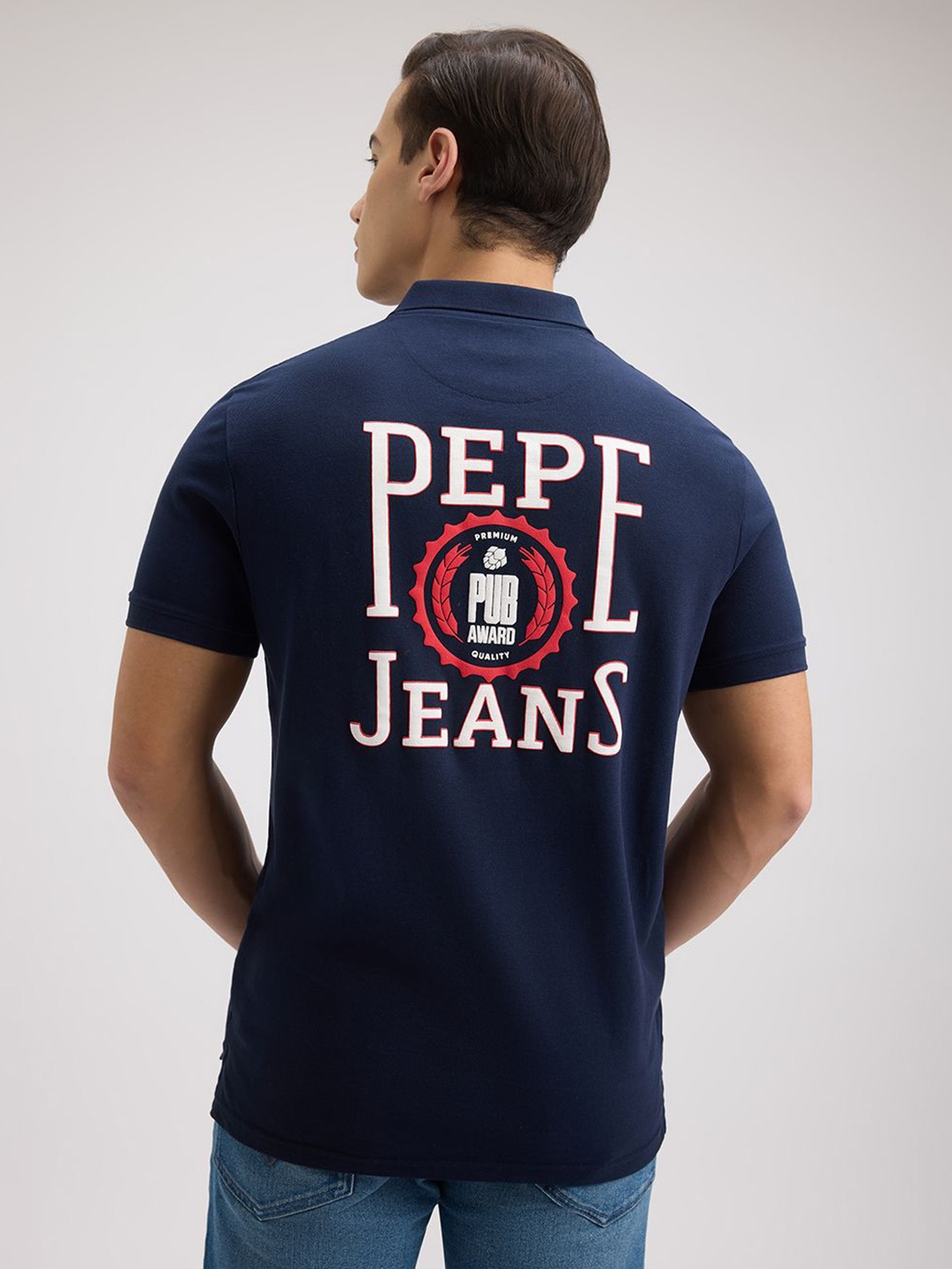 

Pepe Jeans Men Typography Printed Polo Collar Cotton T-shirt, Blue